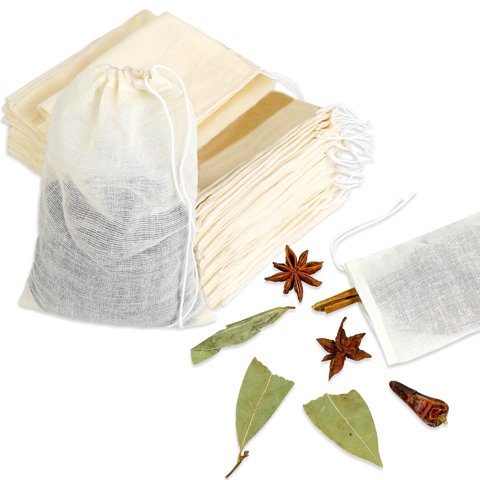 Mozeat Lens Spice Bags for Cooking, 30PCS Muslin Drawstring Soap Bags Reusable Empty Tea Bags for Loose Tea Sachet Bags Cheese Cloth Bags for Straining 3x4 Inch