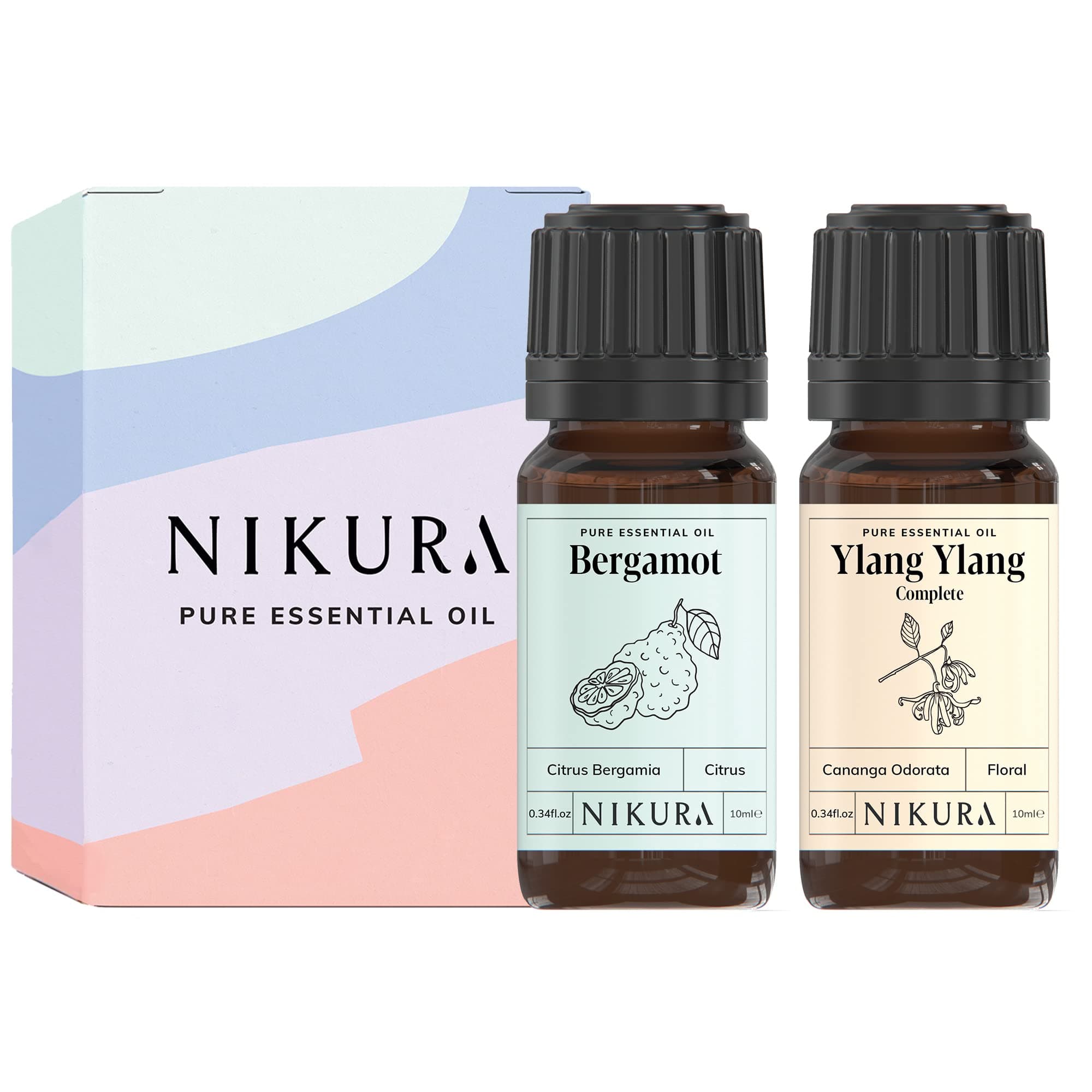 nikuraBergamot & Ylang Ylang Essential Oil Aromatherapy Set | For Hair, Diffuser, Skin, Massage, Sleep | Stress Relief, Candle & Soap Making | 2 x 10ml | 100% Pure, Natural, Vegan & UK Made