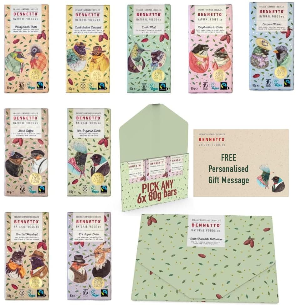 Organic Fairtrade Dark Chocolate by Bennetto Natural Foods. 6 pack of full size 80g bar. Packed in a gift box. Vegan, Gluten-Free (Create your own)