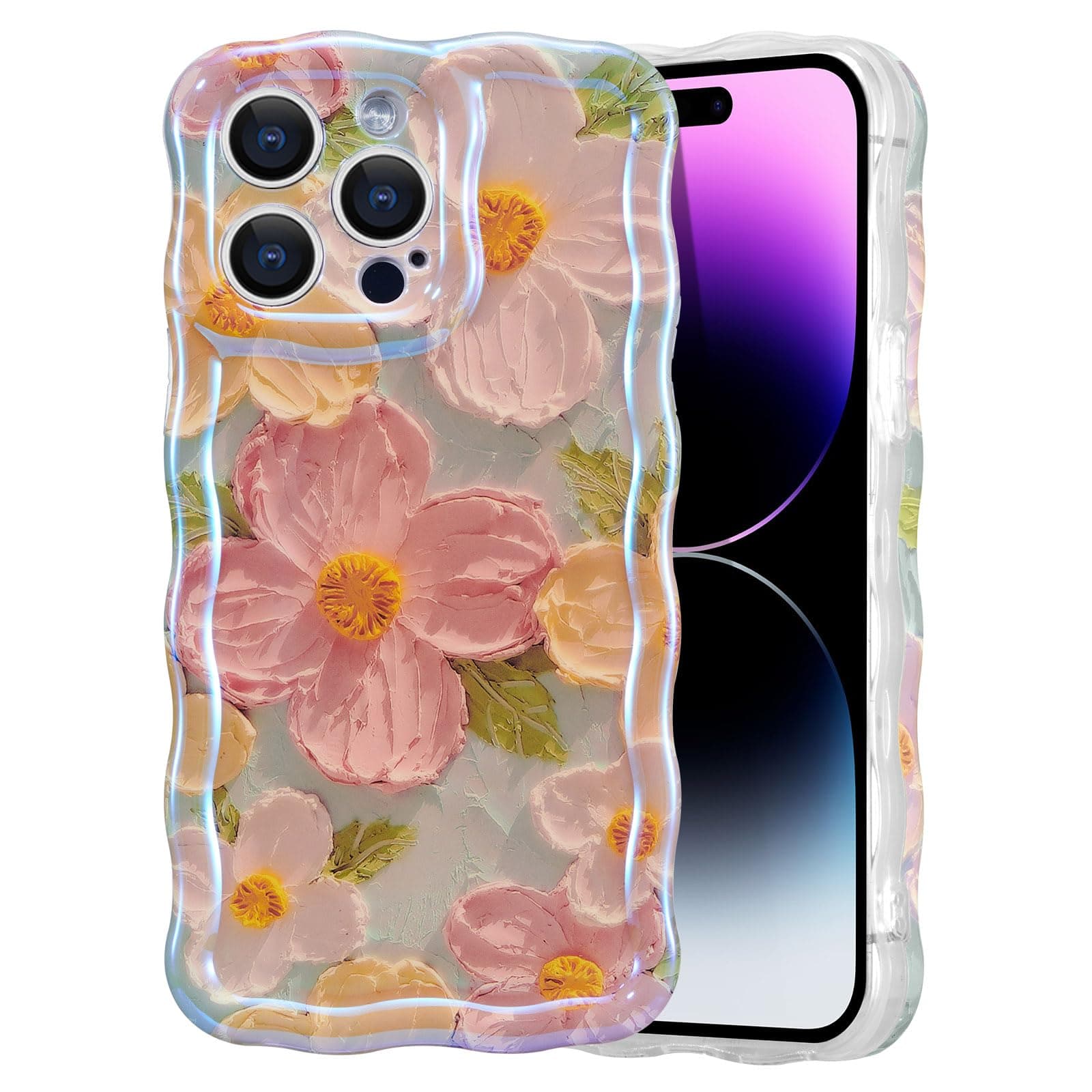 EYZUTAK Case for iPhone 14 Pro Max, Colorful Retro Oil Painting Printed Flower Laser Glossy Pattern Cute Curly Wave Edge Exquisite Phone Cover Stylish Durable TPU Protective Case for Girls Women-Green