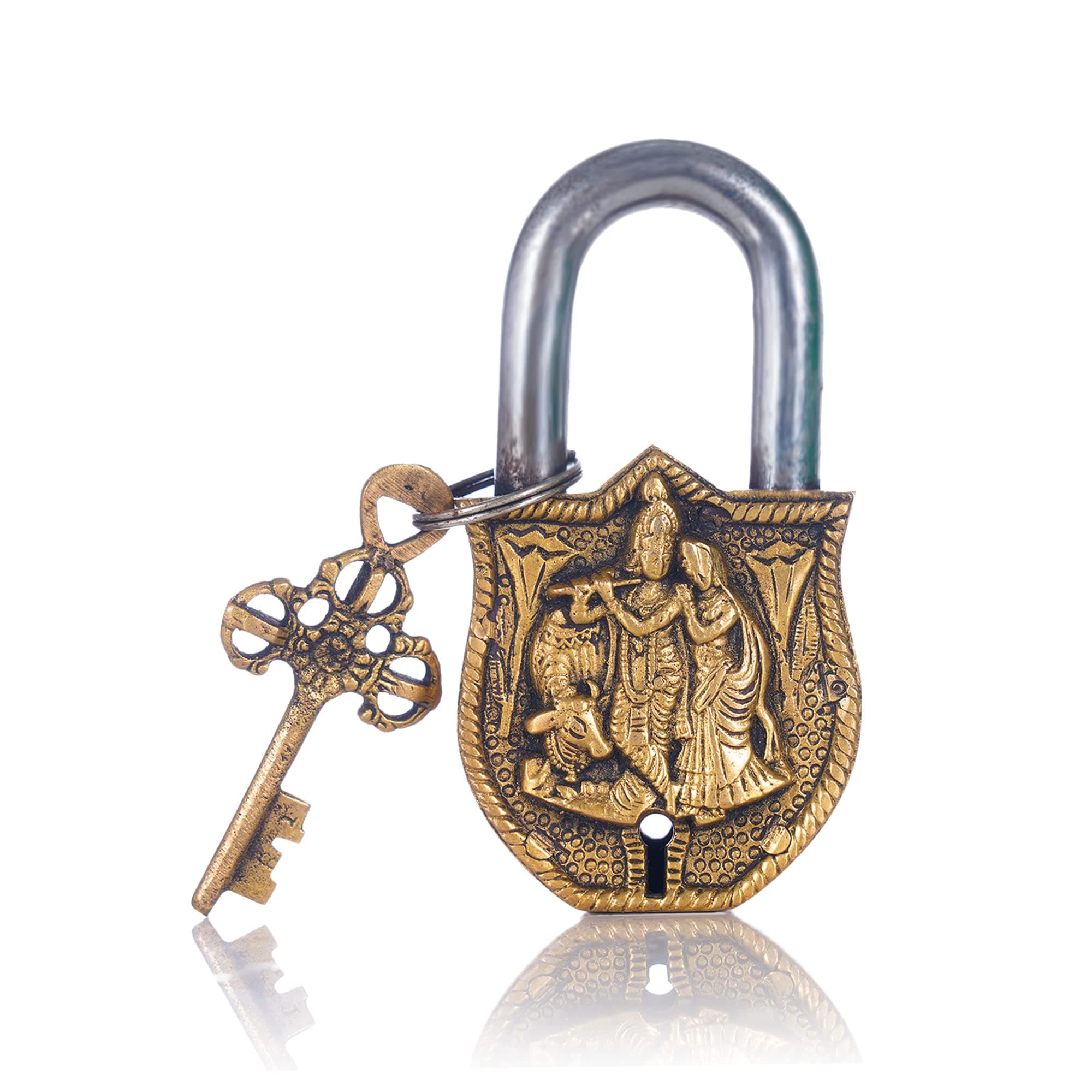 Ascend Overseas - Handmade Old Vintage Style Antique Lord Radha Krishna Design Brass Security Lock with 2 Keys Om Design on Back, Home Temple Office Home Decore Gift Item