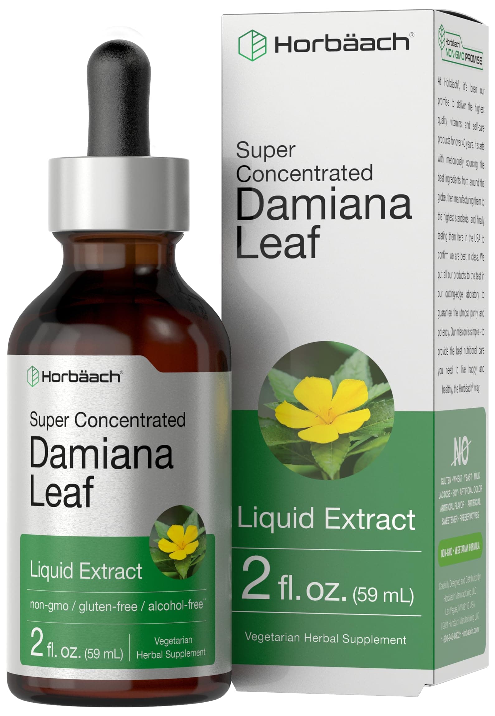 Horbäach Damiana Leaf Herb Tincture | 2 fl oz | Super Concentrated | Alcohol Free Liquid Extract | Vegetarian, Non-GMO & Gluten Free Herbal Supplement