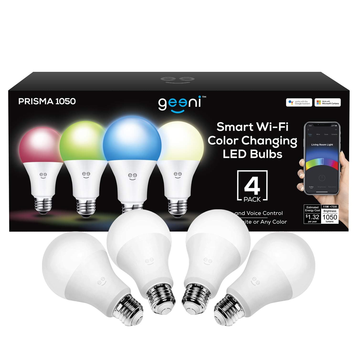 Geeni Prisma 1050 Lumens A21 Wi-Fi Multicolor Light Bulbs (2700K), 4-Pack – Dimmable LED Bulbs, 75-Watt Equivalent – No Hub Required – Works with Amazon Alexa, Hey Google
