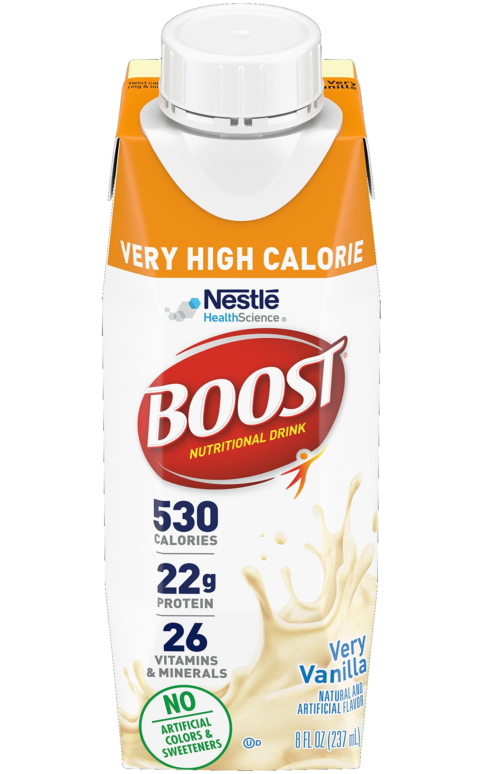 Boost Very High Calorie Nutritional Drink Very Vanilla, Made with Natural Vanilla Flavor & No Artificial Flavors, Colors & Sweeteners, 8 FL OZ (Pack of 54)