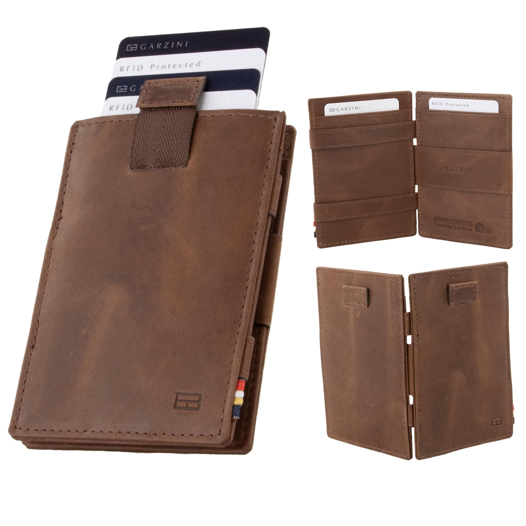 Magic Wallet with Pull-Tab, Minimalist Wallet with RFID card holder, Leather Wallet for 12 cards, Brushed Brown