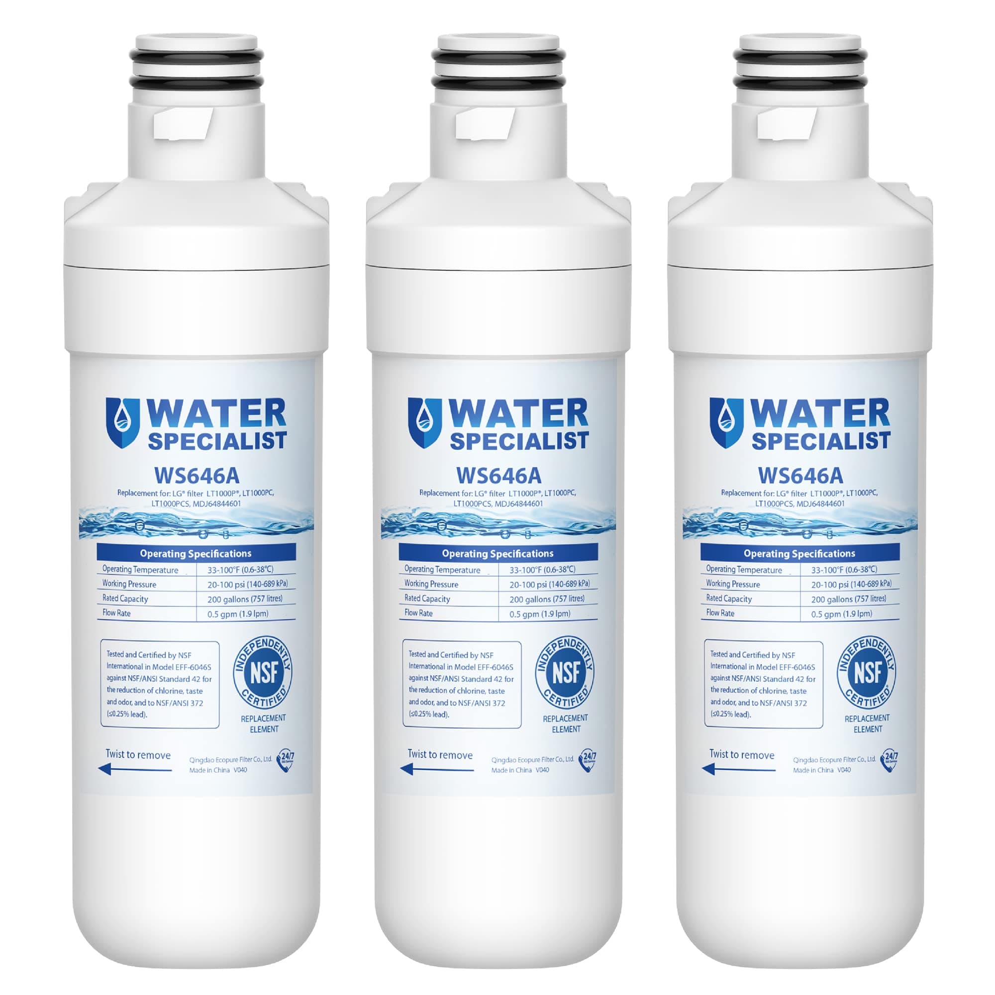 Waterspecialist LT1000PC ADQ747935 Replacement for LG® LT1000P®, LT1000PCS, LFXC24796S, LMXS28626S, LFXS26973S, ADQ74793501, ADQ74793502, 46-9980, 9980 Refrigerator Water Filter, Pack of 3