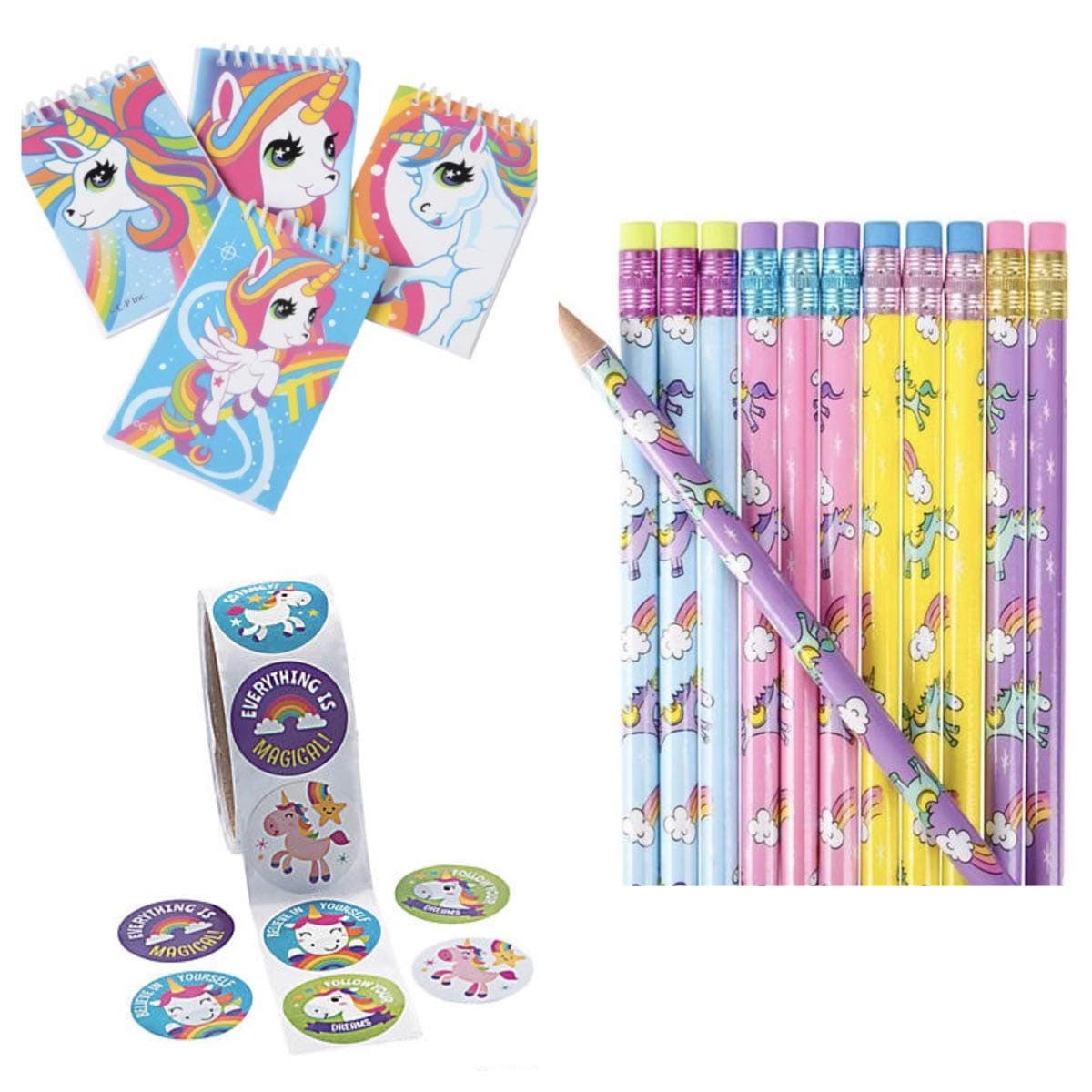(48) Unicorn Party Favors - 24 Mini NOTEBOOKS - 24 Pencils & 48 Stickers - Girl Birthday Teacher Classroom Rewards Rainbow