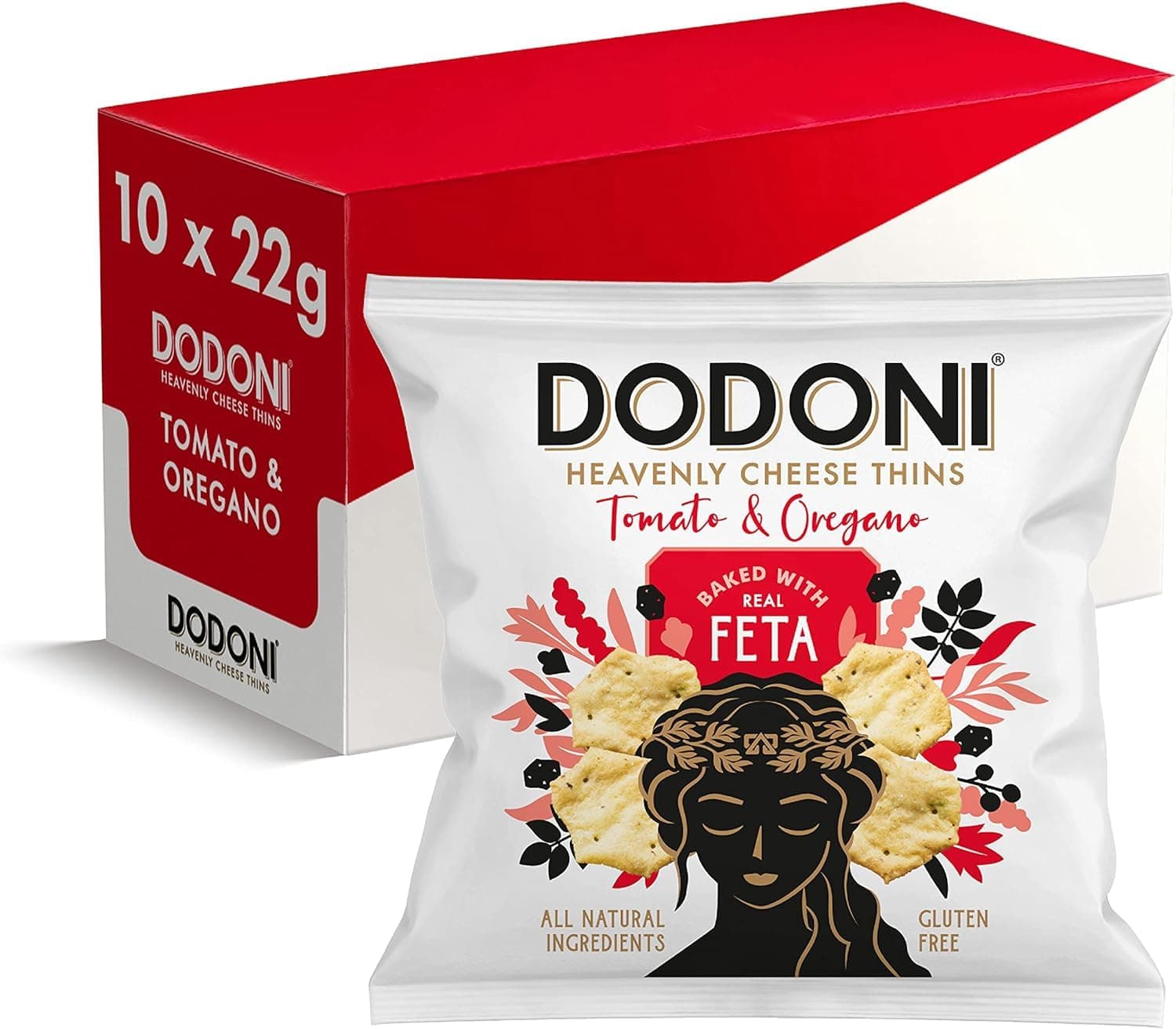 Dodoni Heavenly Cheese Thins Cheese Tomato and Oregano Snacks 10 Pack x 22g - Gluten Free Snacks All Natural Source of Protein Snack Box Feta and Halloumi Snacks for Home Pub