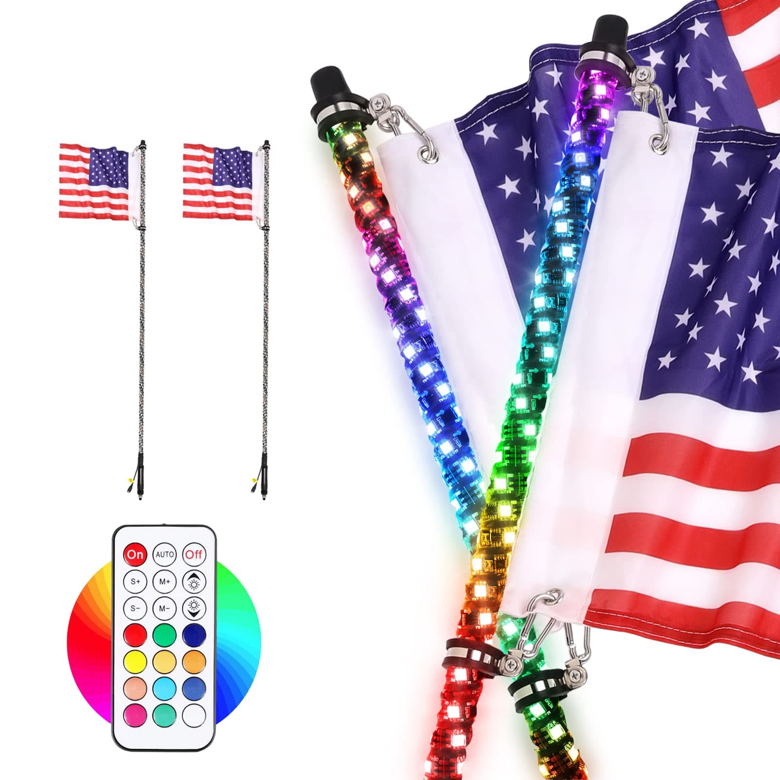 2Pcs 6ft LED Whip Lights with Flag Remote Control 360° Spiral RGB Dancing/Chasing Antenna Lighted Whips for UTV ATV RZR Polaris Off Road Truck Jeep Buggy Dune Sand Can-am Boat