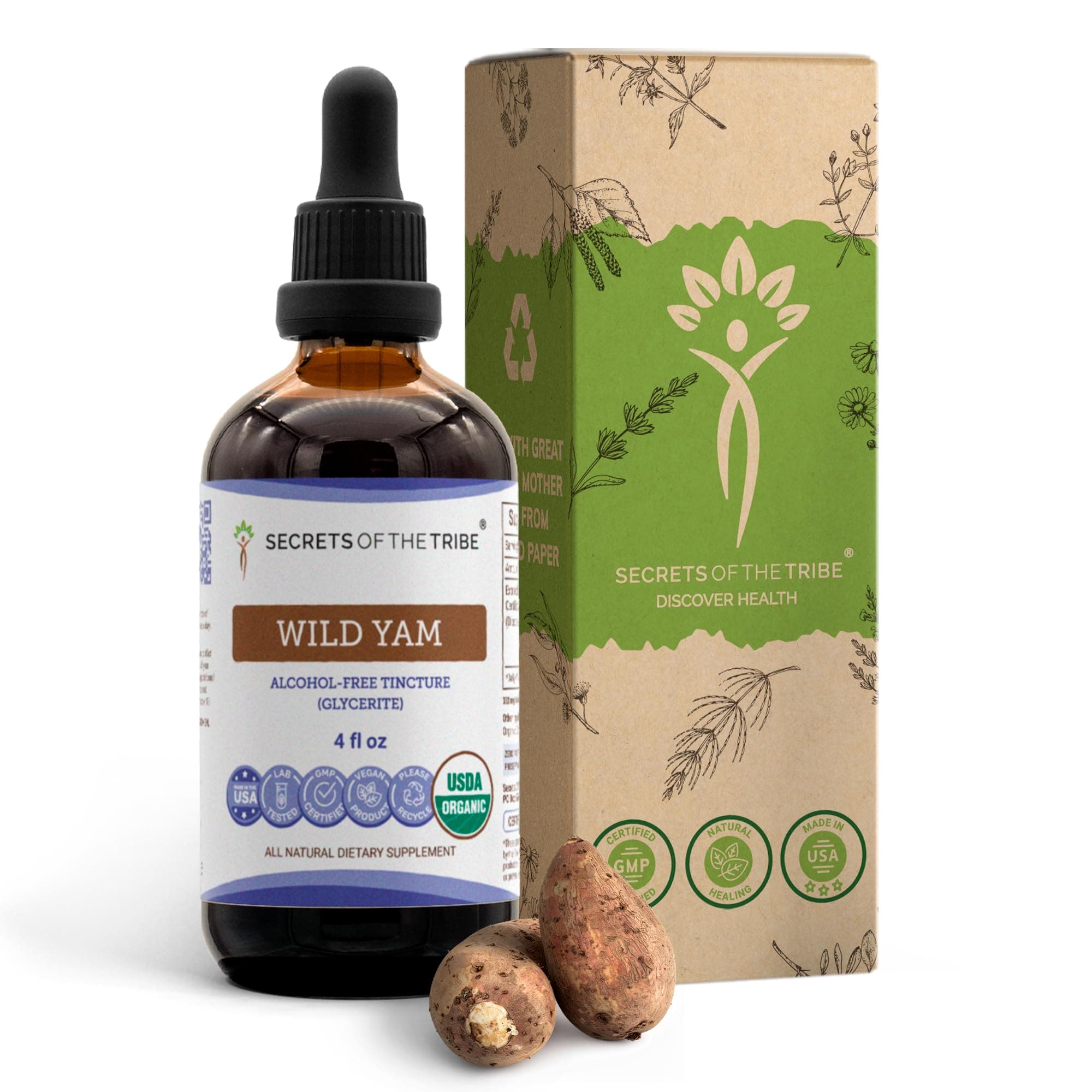 Wild Yam Alcohol-Free USDA Organic Tincture (Glycerite) Responsibly farmed Wild Yam (Dioscorea Villosa) Dried Root (4 Fl Oz) Hormone Support Supplement