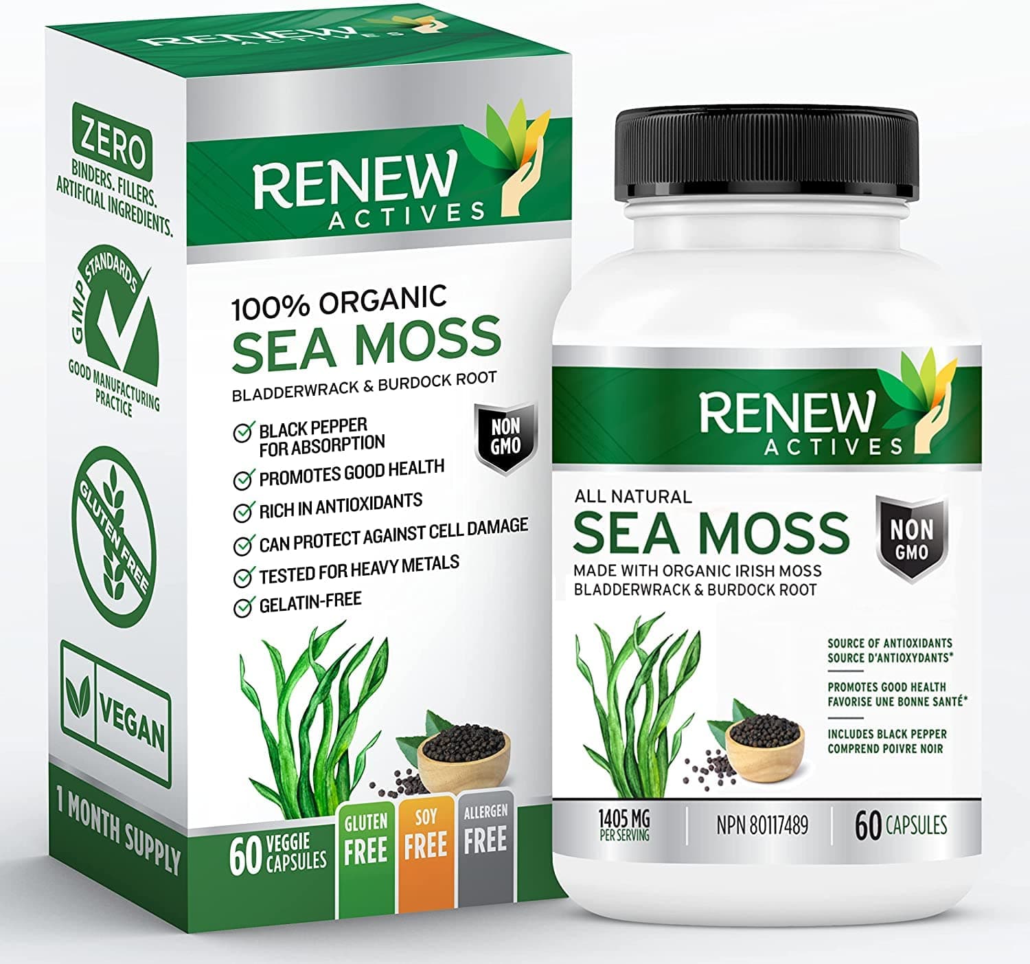 Renew ActivesSea Moss Capsules - Powerful Triple-Action Antioxidant Seamoss Pills with BioPerine® for Max Absorption, Organic Irish Sea Moss Capsules, Bladderwrack & Burdock. 60 Count