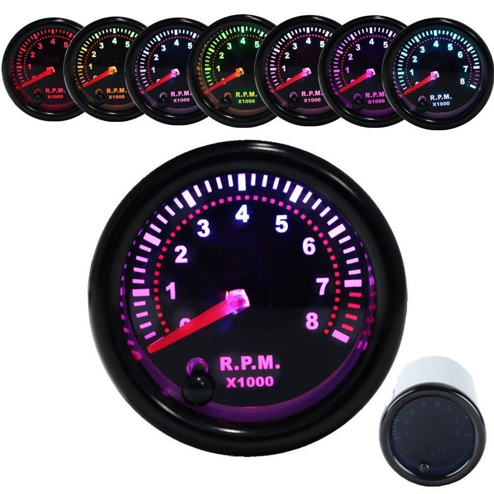 JUDING Smoke 7-Colors LED 2" 52mm 12V Tachometer Rev Counter RPM 0-8000 Tacho Meters Pointer Universal