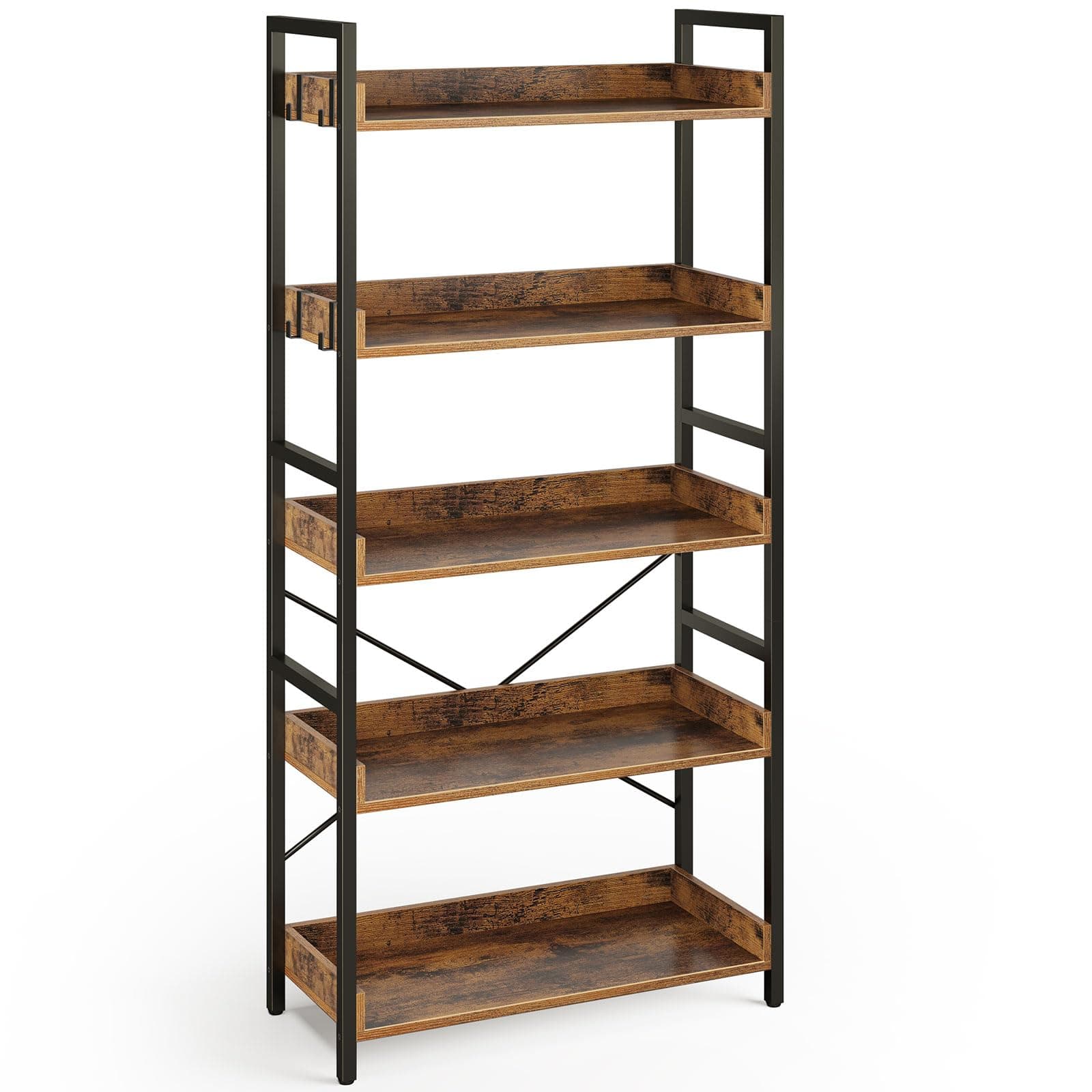 Rolanstar Bookshelf 5 Tier with 4 Hooks , Industrial Wood Bookcase, Vintage Storage Rack with Open Shelves, Rustic Standing Bookshelves Metal Frame Display Rack for Living Room,Bedroom, Rustic Brown