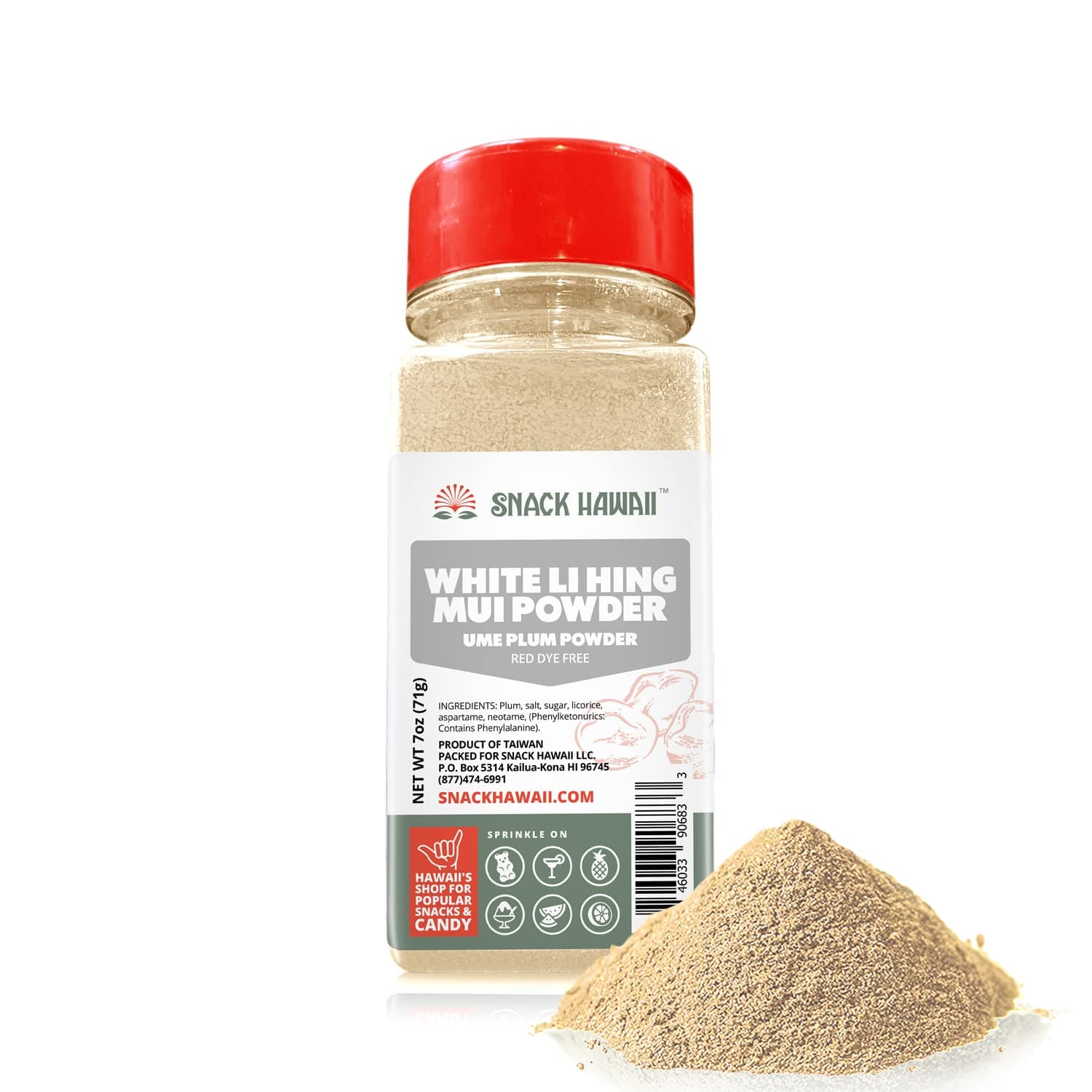 Authentic White Li Hing Mui Powder - Sweet, Sour & Salty Dried Plum Powder, Red Dye-Free, Mess-Free Shaker Bottle - Ideal for Fruit, Candy, Shave Ice & Cocktails - 7oz