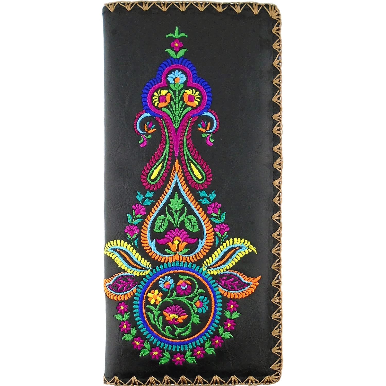Colorful Floral Splender Flower Festival Embroidered Beautiful Large Wallet (Black)
