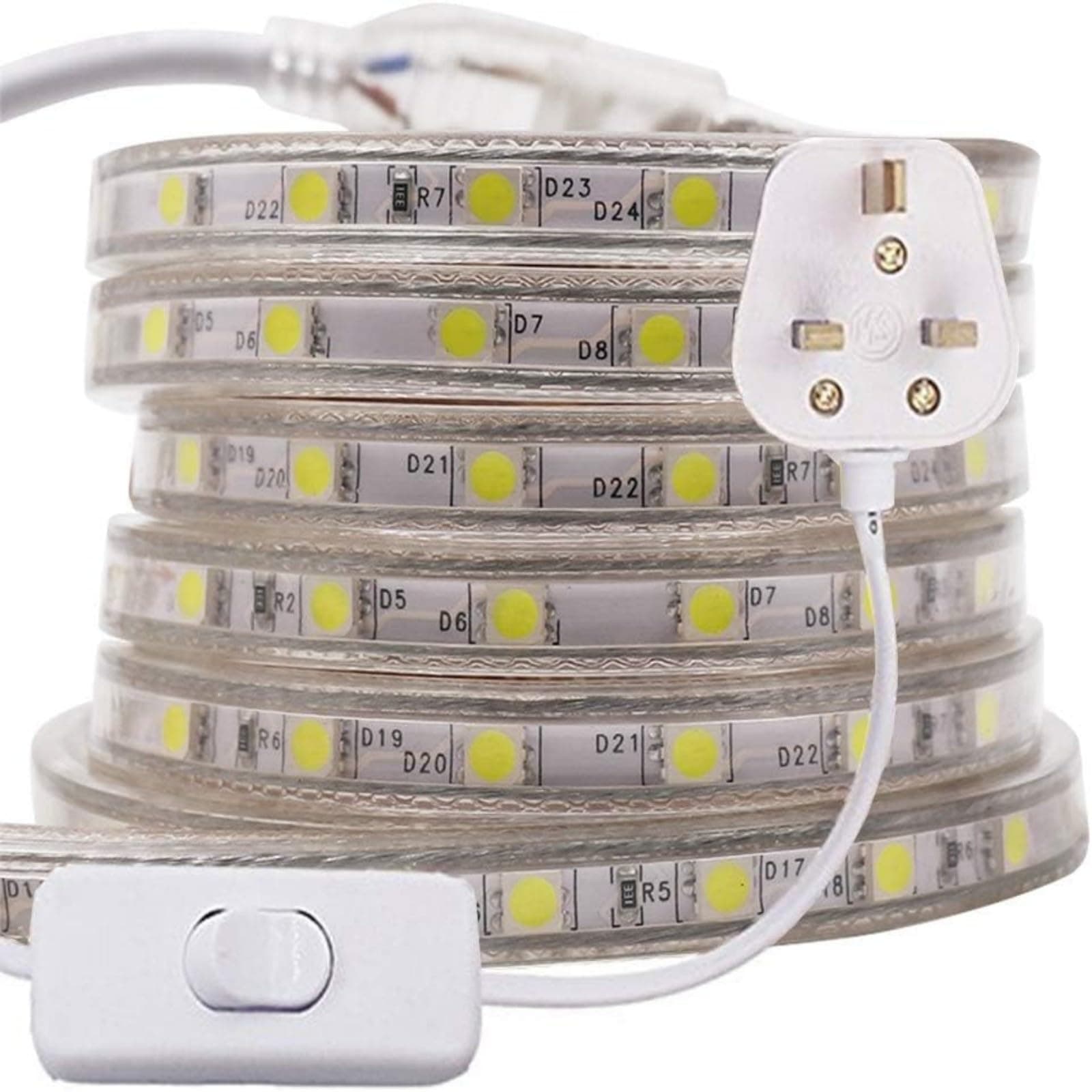 2m 5050 LED Strip Warm White with Switch (80cm Cable), Mains Powered SMD 60LEDs/m Commercial Rope Light, IP65 Waterproof for Indoor/Outside Decoration UK Plug Supply