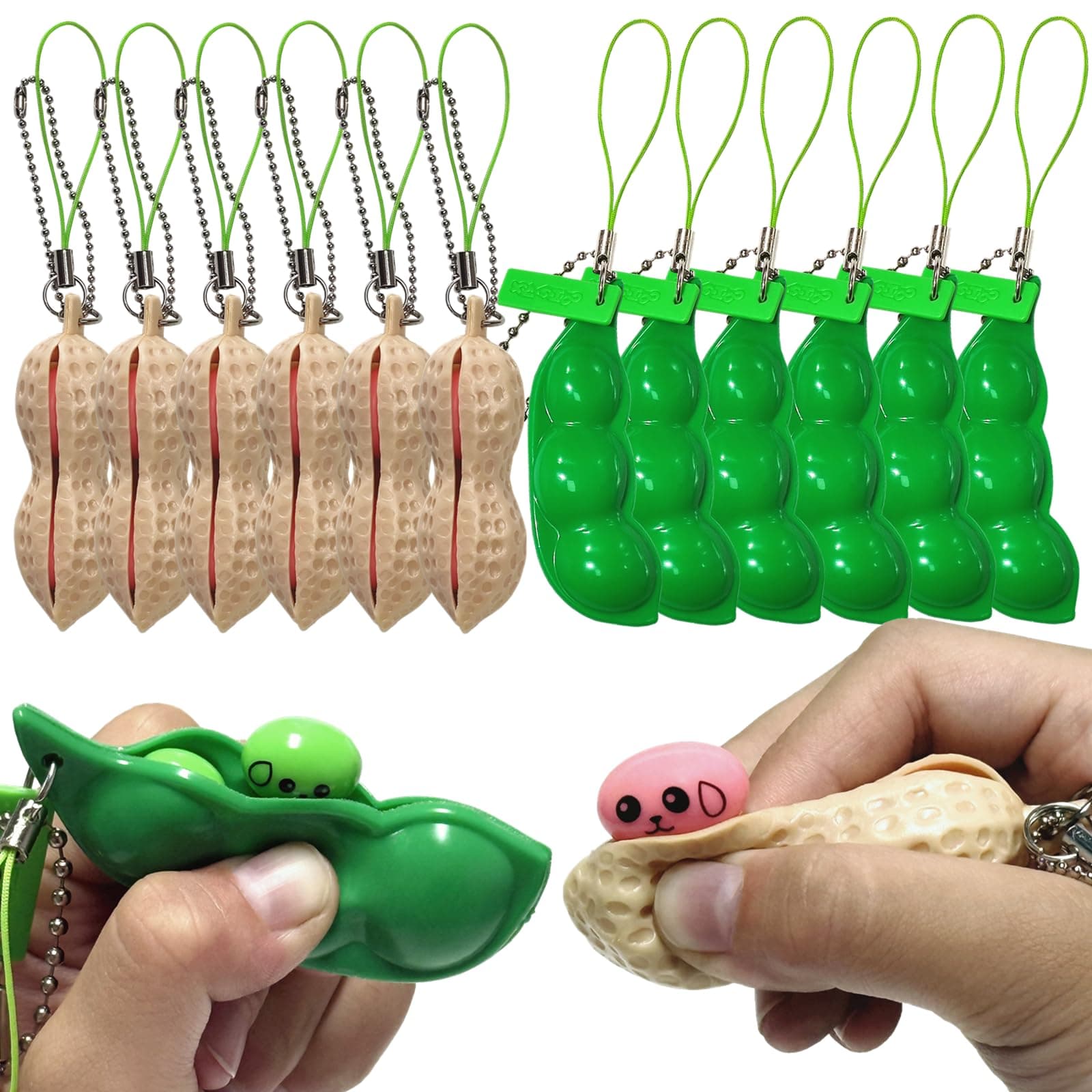 12PCS Squeeze Bean Keychain Fidget Toys for Skin Picking, Pea Pod Sensory Fidget Toys,Peanut Poppers Fidget Toy,Stress Relief Toys,Party Favors