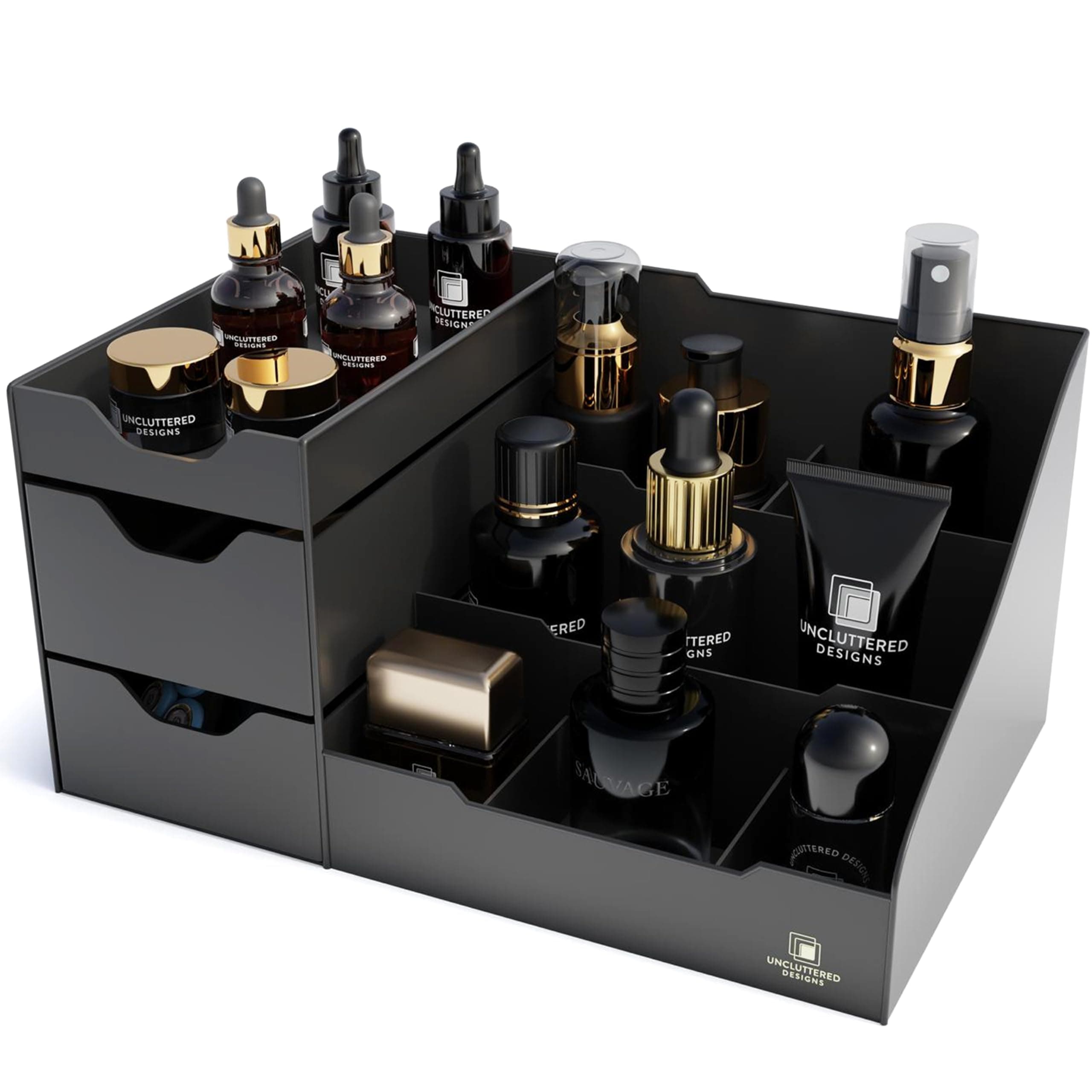 Uncluttered Designs (2 Drawer, Black) - Makeup Organiser with Drawers (Black)