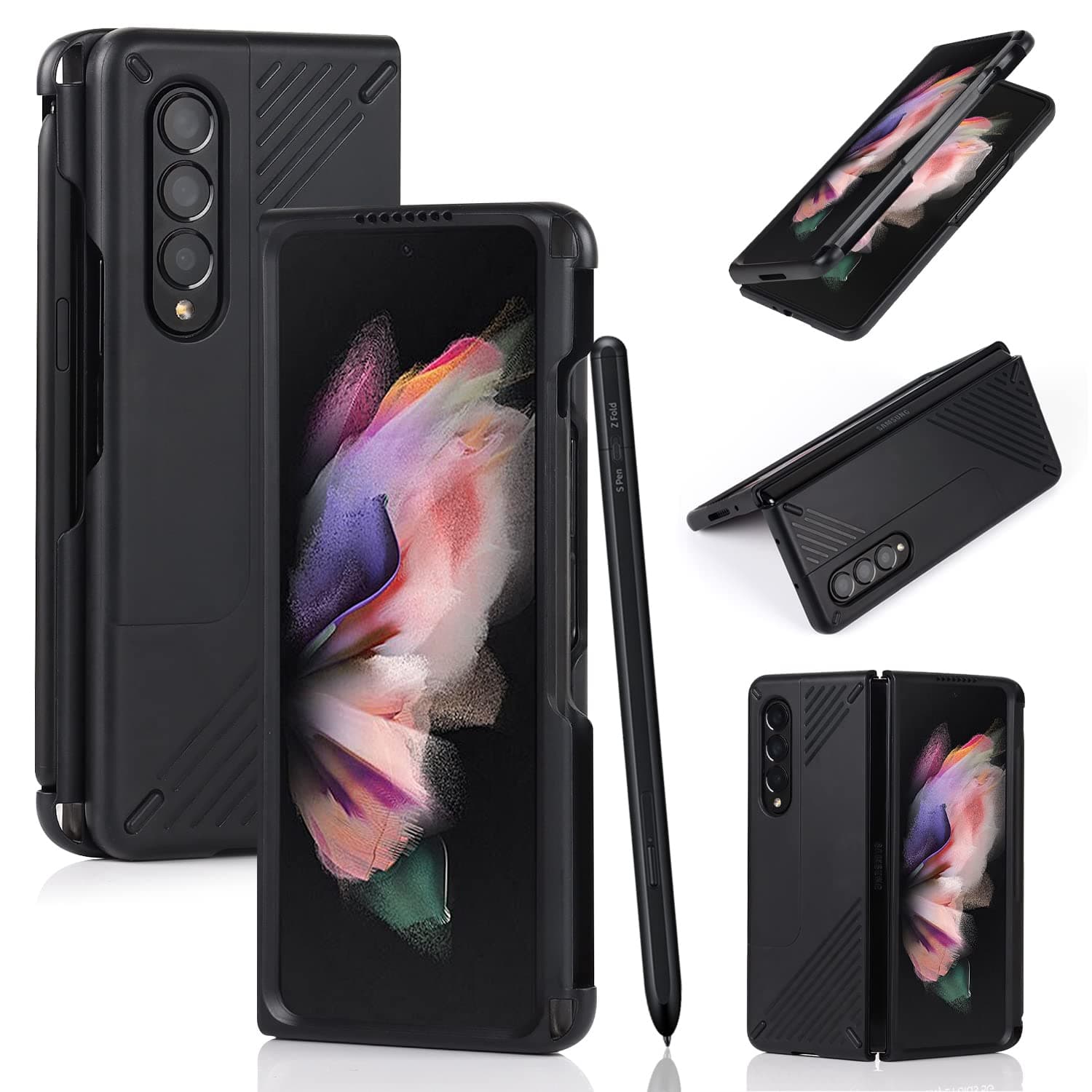 Designed for Samsung Galaxy Z Fold 3 Case with S Pen Holder,Full Body Protective Anti-Scratch Anti-Drop Wear-Resistant PC Material Hard Flip Cover- Black