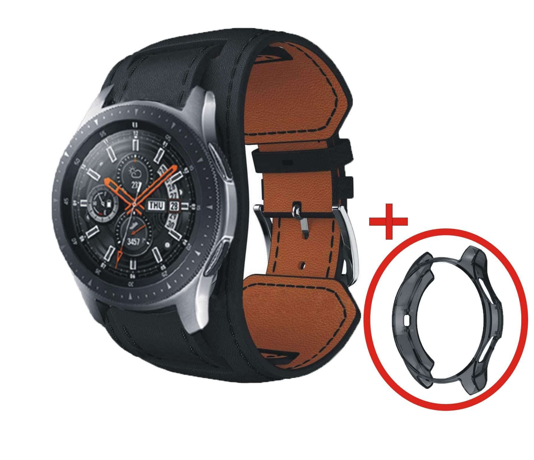 Compatible with Samsung Galaxy Watch 46mm Bands Soft Genuine Leather Cuff Strap Wrist Watch Replacement Band +TPU Cover Case for Women Men-Black