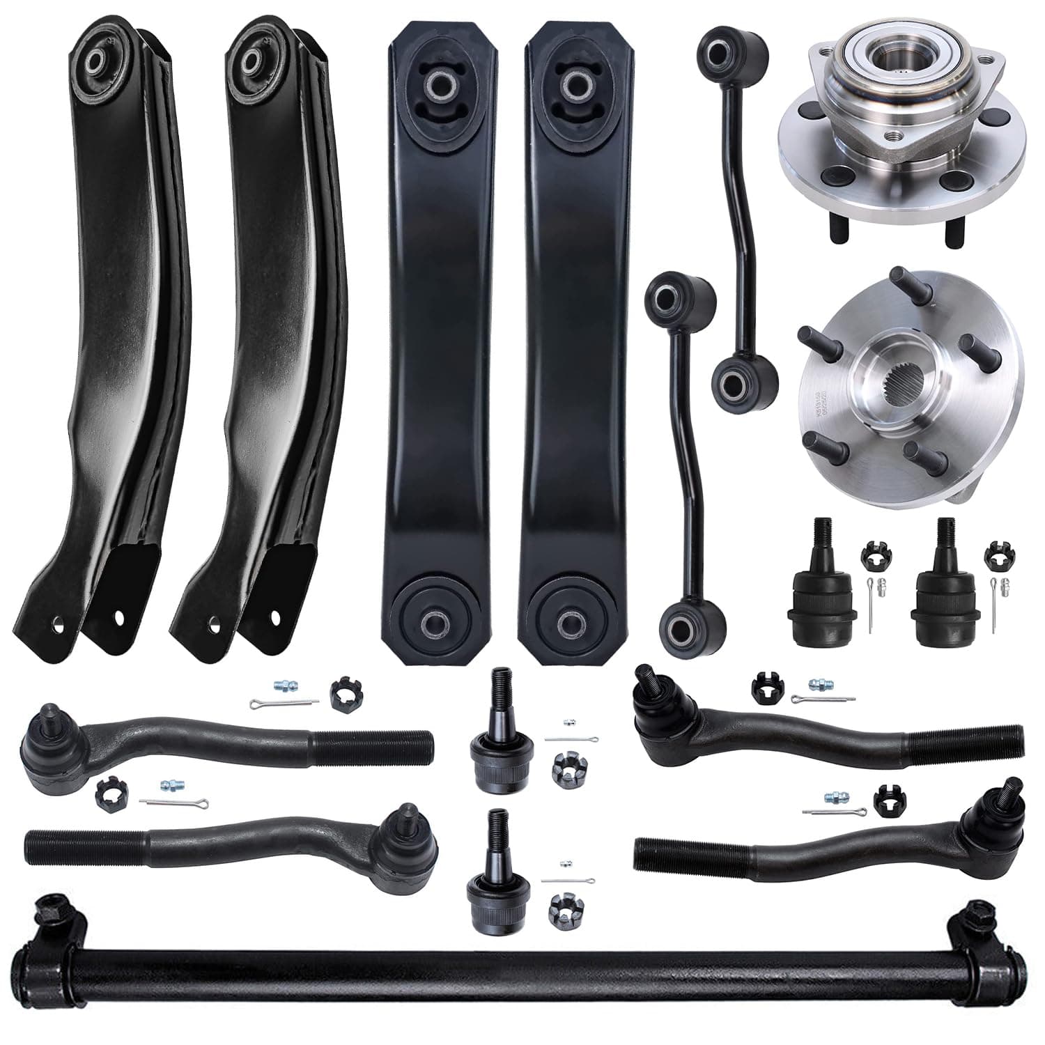 Detroit Axle - 17pc Front End Suspension Kit for Jeep Grand Cherokee 1999 2000 2001 2002 2003 2004, 2 Wheel Bearing Hubs 4 Control Arms 4 Ball Joints 4 Tie Rods 2 Sway Bars 1 Sleeves Replacement