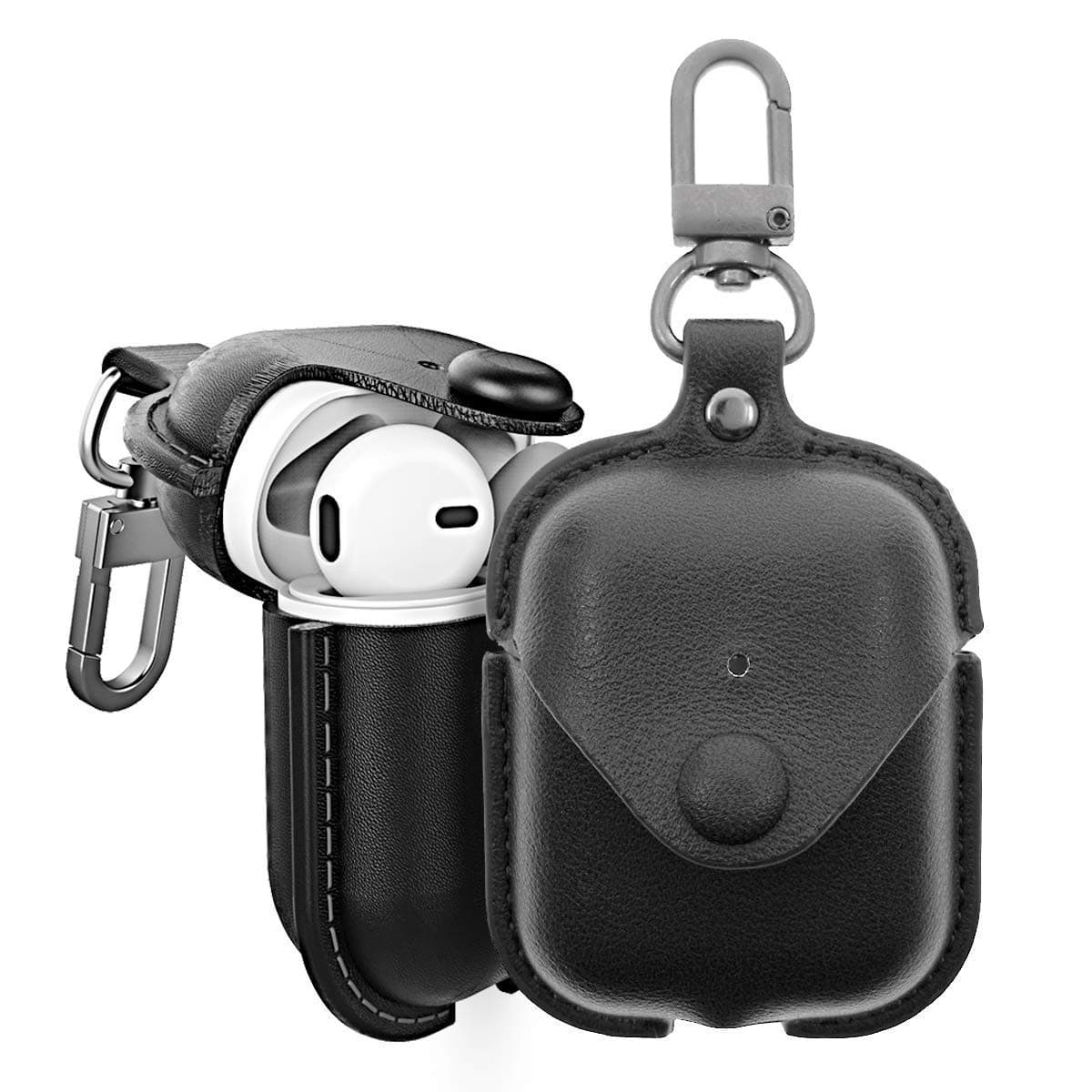 DEALPICK AMZY PU Leather Case for Apple AirPods True Wireless Bluetooth Earphone Charging Protective Case Cover Bag Pouch for Air Pods - Black