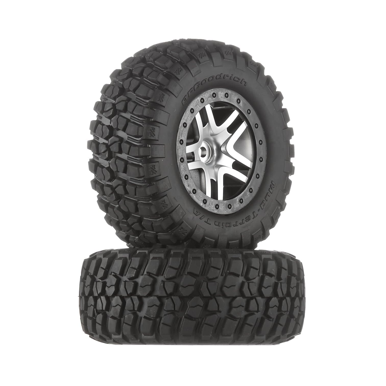 6873 BF Goodrich Mud Terrain T/A KM2 Tires Pre-Glued on Satin Chrome, Black Beadlock-Style Wheels (pair)