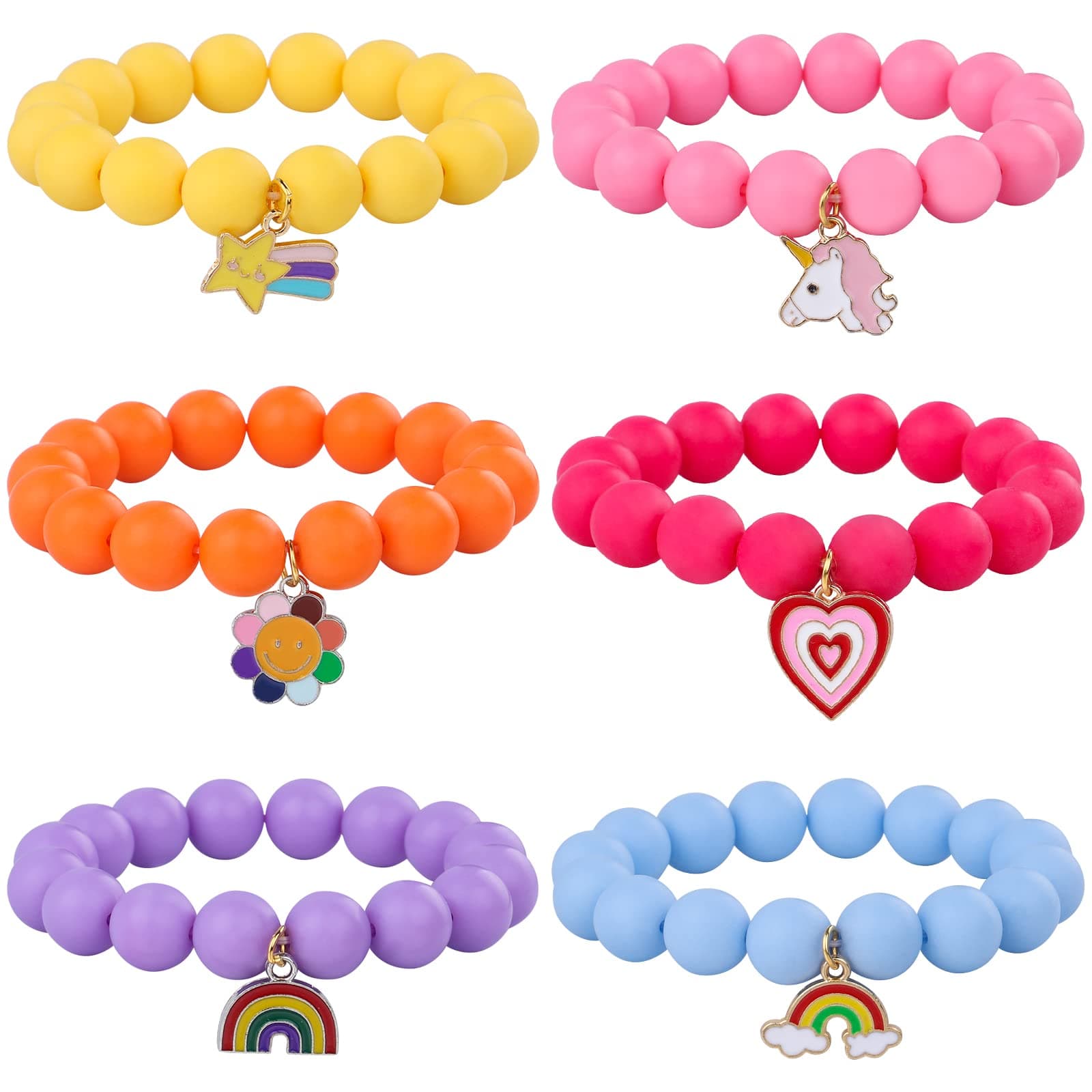 REMEL 6 PCS Beaded Bracelets for Kids Girls Unicorn Heart Rainbow Charm Bracelets Cute Elastic Friendship Bracelets