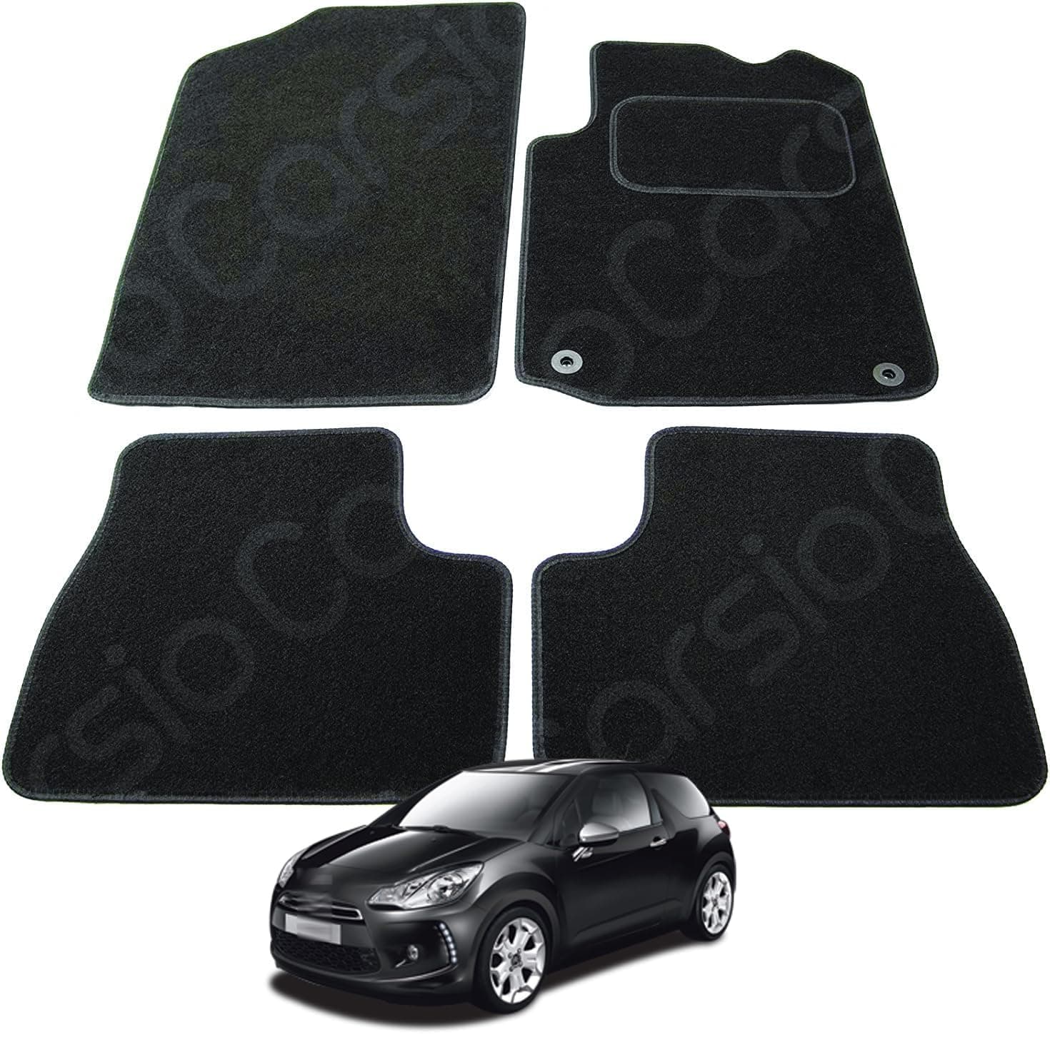 Carsio Carpet Car Mats For Citroen DS3 / DS DS3 2009 to 2018 4 Piece Set with 4 Clips Tailored Fit Floor Mat Complete Accessory Black Custom Fitted - All Weather, Anti-Slip Backing & Black Trim