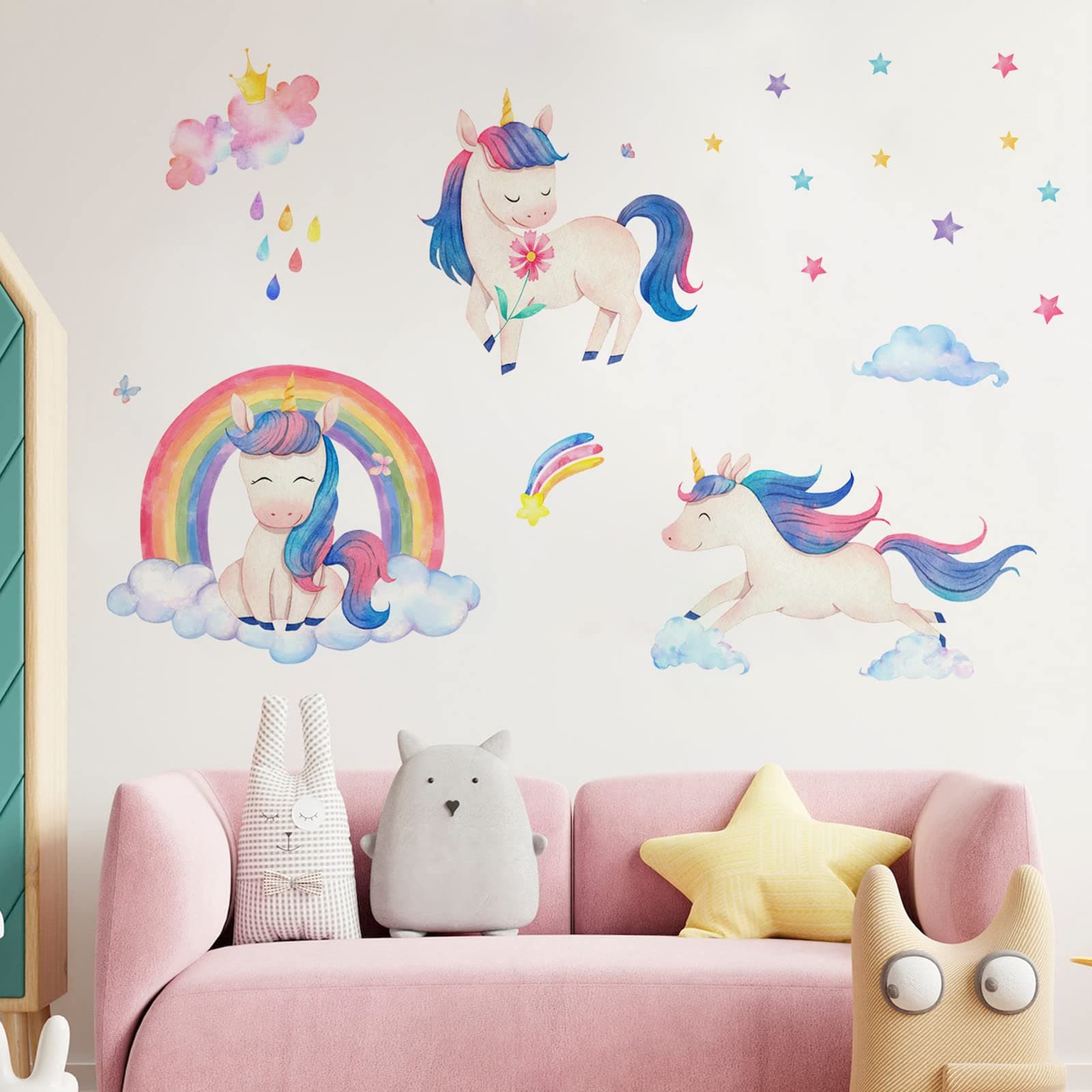 Unicorn Wall Decals, Peel and Stick Unicorn Rainbow Vinyl Wall Stickers Removable Decals for Girls Bedroom Kids Room Nursery, Unicorn Wall Art Home Decorations Party Supplies