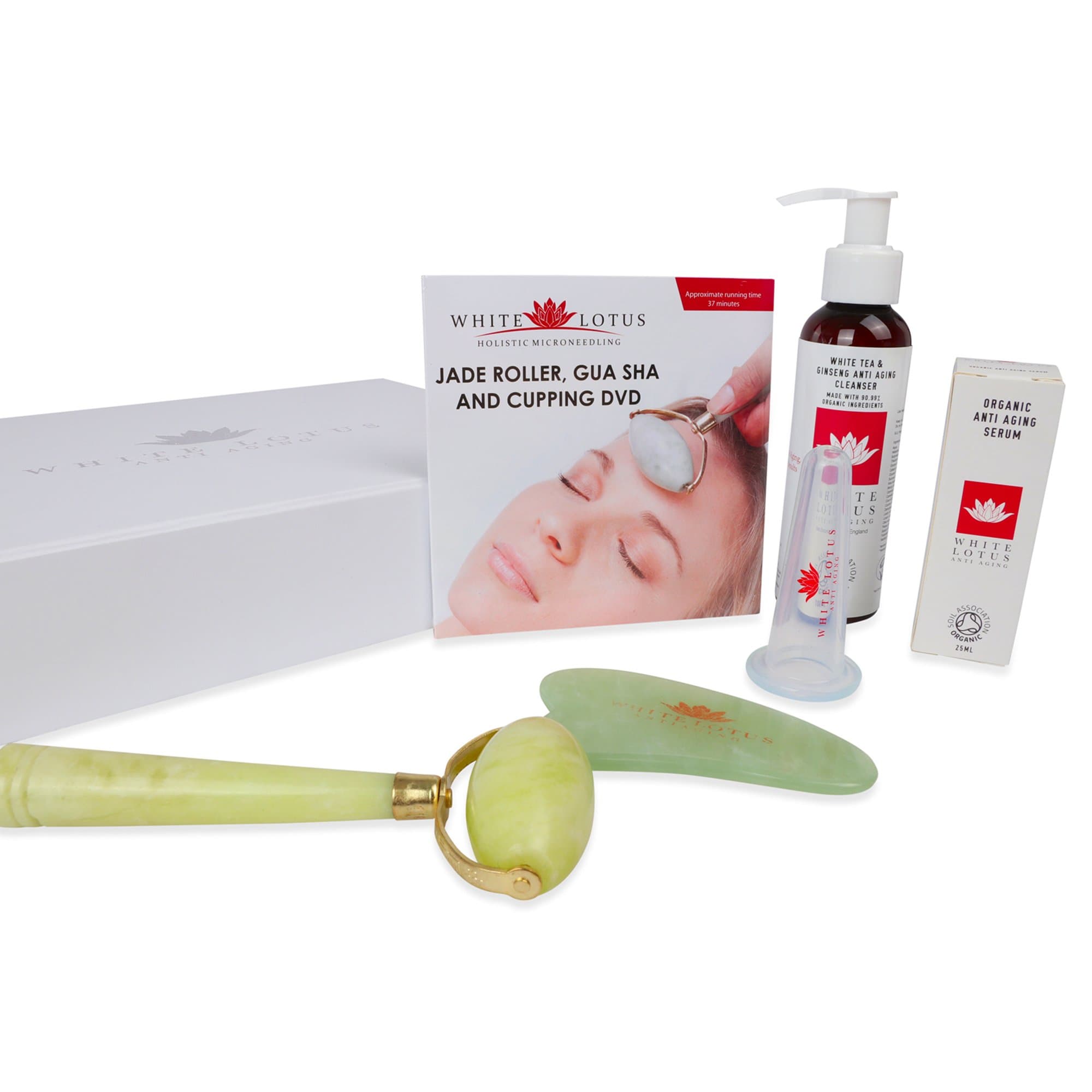 White Lotus Luxurious Jade Roller Pack for the Face, Includes Jade Facial Roller, Jade Gua Sha, Organic Facial Cleanser, Organic Anti Aging Serum, Massage Cup and Instructional DVD in a Silk Lined Box