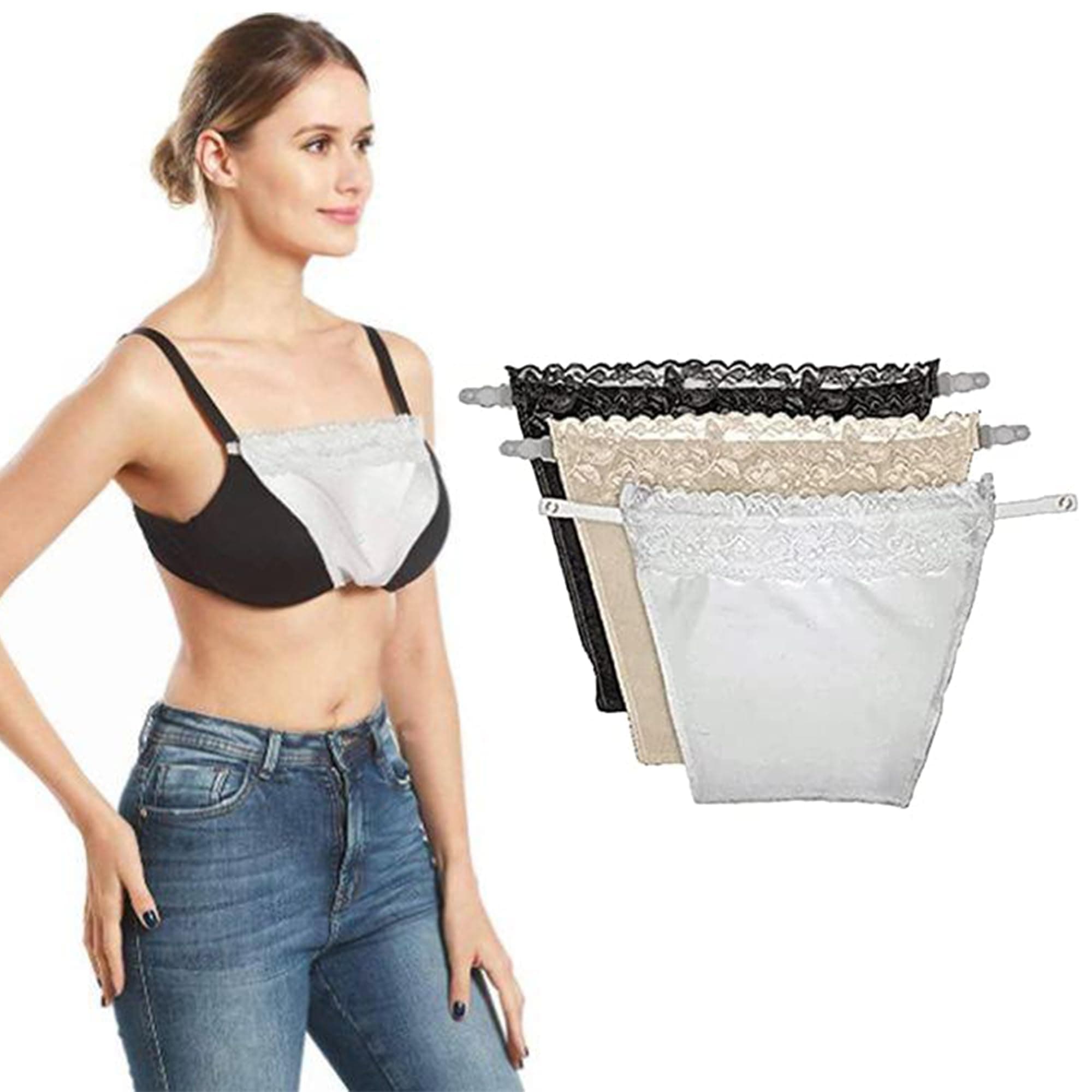 Women Clip-On Mock Lace Camisecret for Tops, Spaghetti Dress Sleeveless Innerwear, Deep Neck Attachment (Set of 3 - Black, Beige, White)