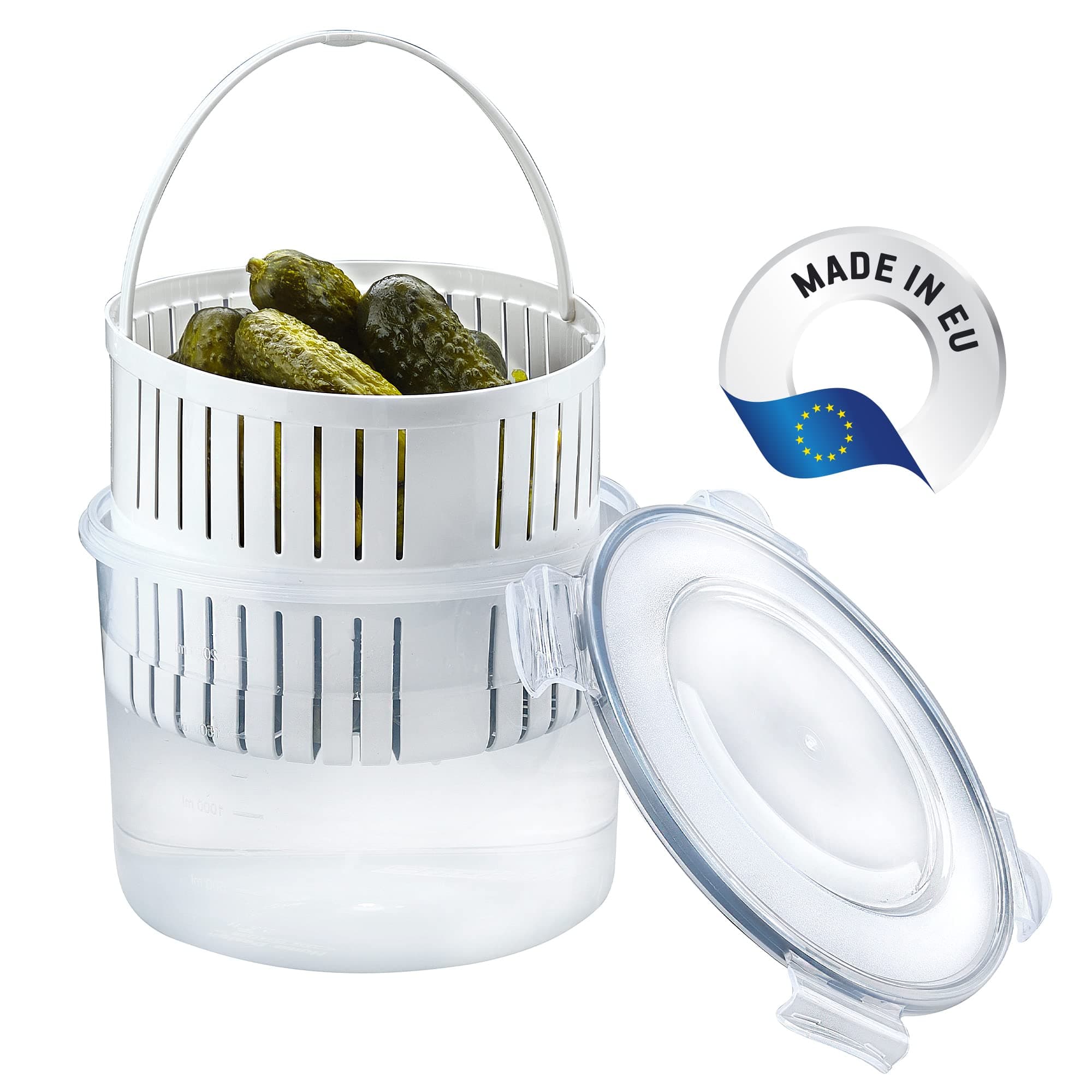2500ml Large Pickle Jar with Strainer 100% BPA FREE Pickle Container with Strainer, Pickle Holder Lifter Bucket of Pickles Barrel of Olive Jalapeno Leak Proof and Lock It Lid Pickle Strainer