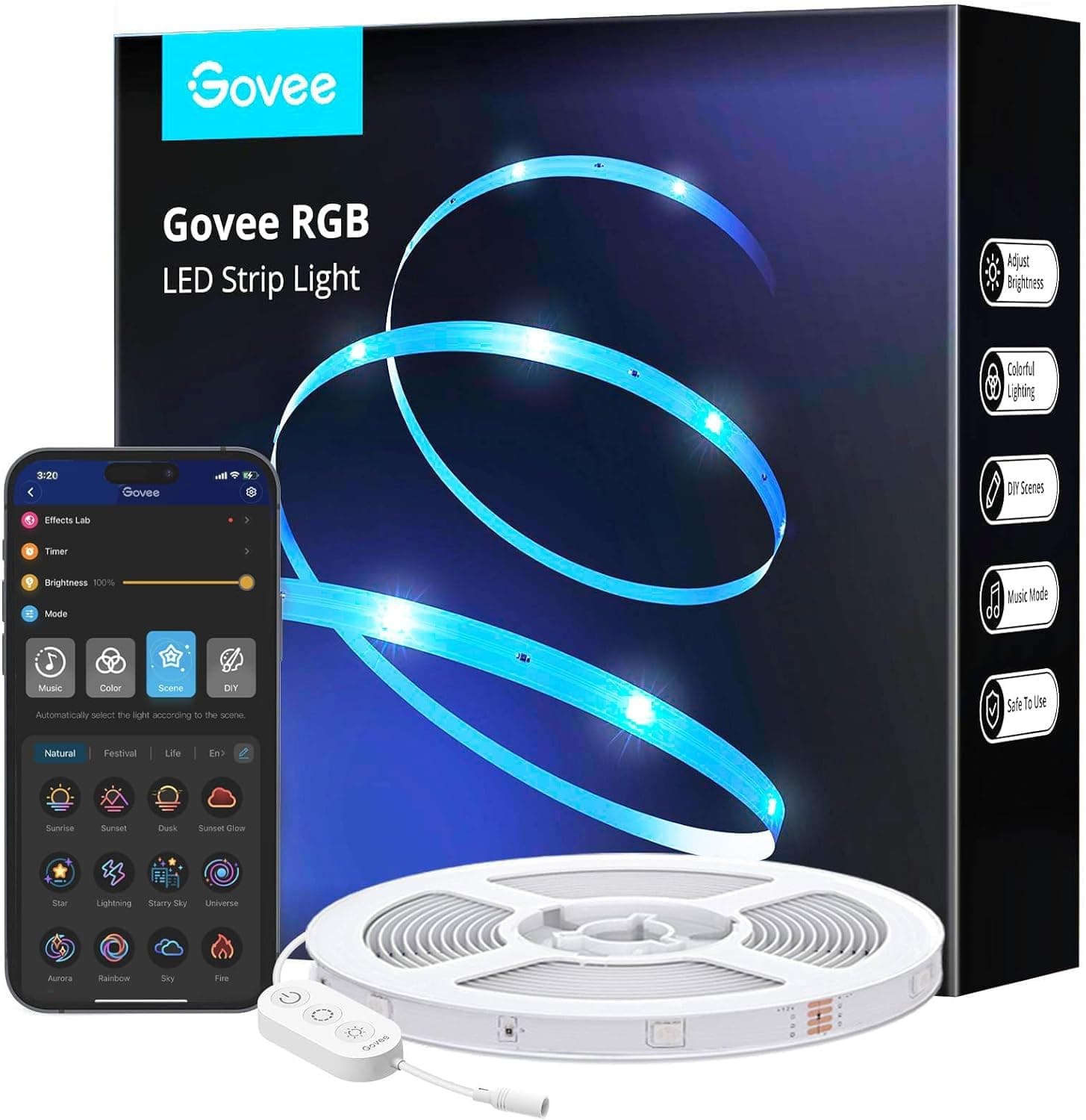 Govee LED Lights 5m, Bluetooth LED Strip Light App Control, 64 Scene Modes and Music Sync, for Bedroom, Party, DIY Home Decoration