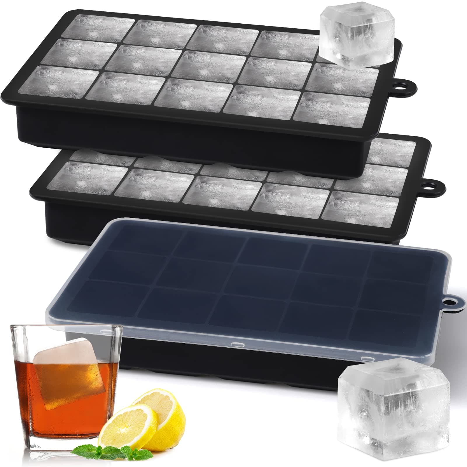 Sinnsally Silicone Ice Cube Trays,15 Square Ice Cube Tray with Lid,3 Pack Ice Cube Moulds Set,Ice Molds Silicone,Ice Cube Maker,Large Ice Trays for Whiskey Freezer Containers,Easy Release & BPA Free