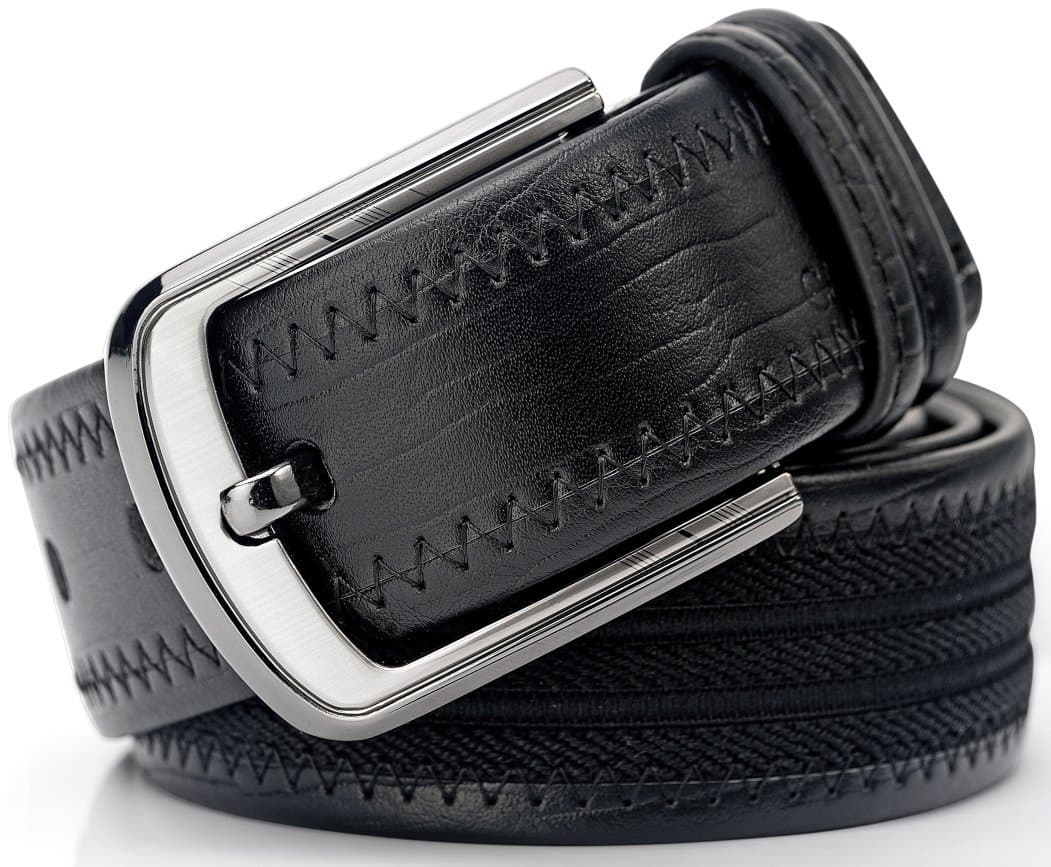 Men's Leather & Canvas Dress Belt Double Stitch With Gift Box - Casual Belt for Jeans By CAPONI