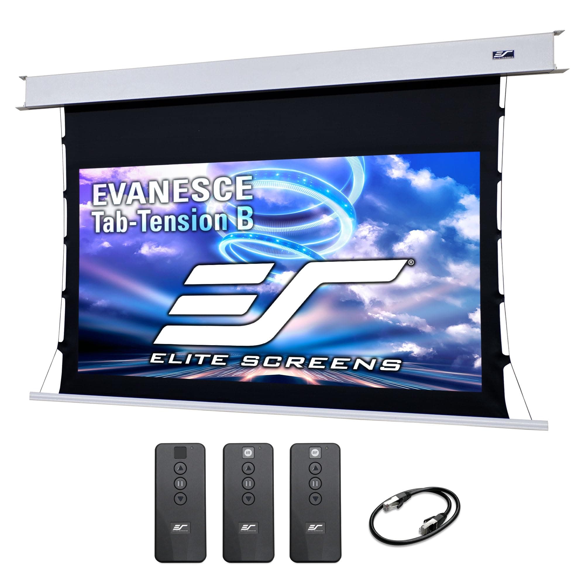 Evanesce Tab-Tension B, 120-inch 16:9, 4K / 8K HD, Recessed in-Ceiling Electric Tab Tensioned Projector Screen, Matte White Projection Screen Surface Programmed Remote Kit, ETB120HW3-E8
