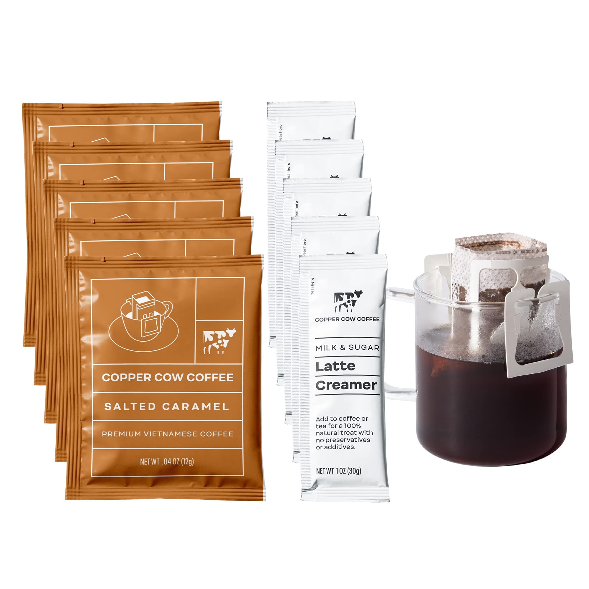 Copper Cow Coffee Vietnamese Pour Over Coffee Filters with California Sweetened Condensed Milk – Single-Serve and All-Natural Pre-Filled Coffee Filters – Salted Caramel Latte (5 Pack)