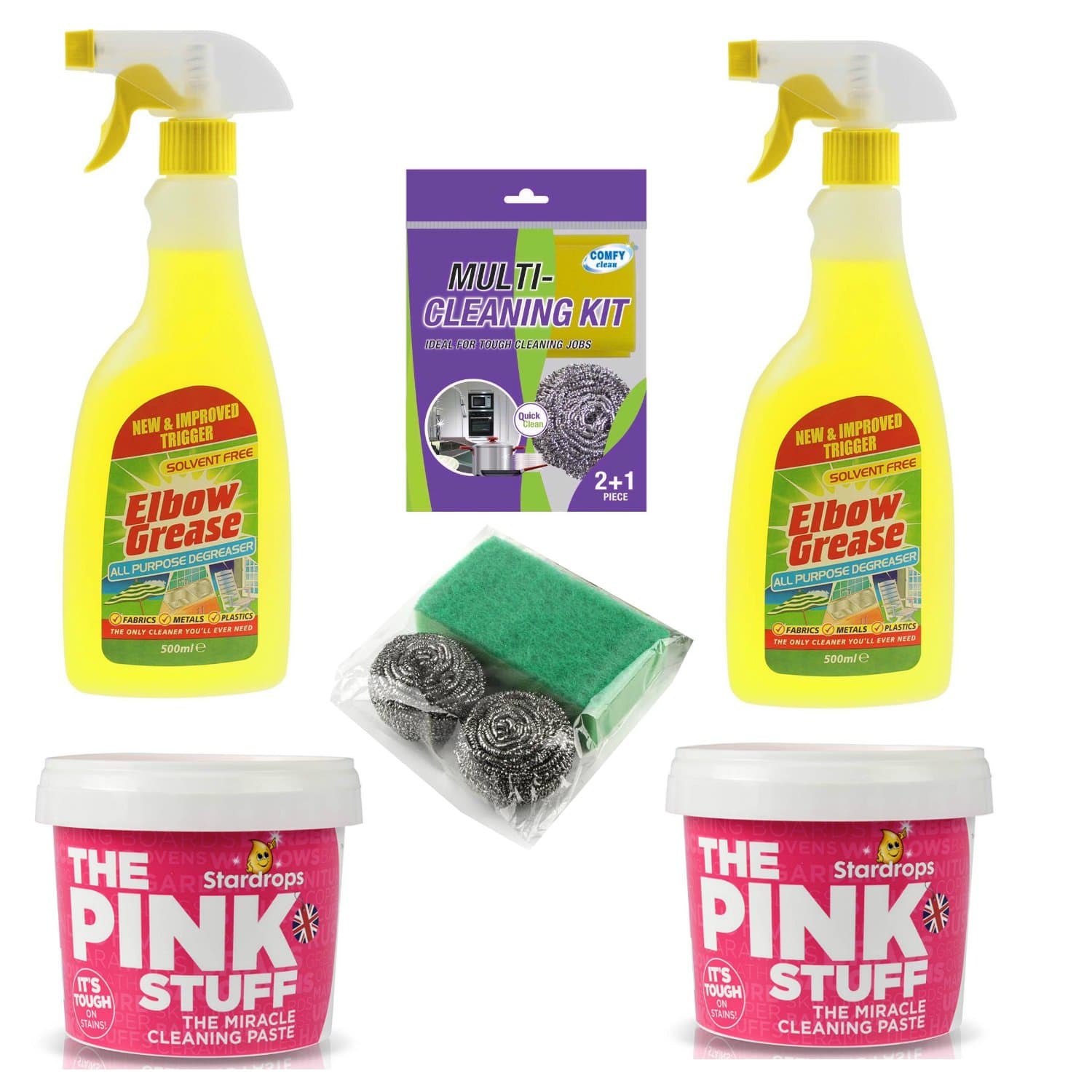 Elbow Grease Cleaner Degreaser Spray 500ml x 2, The Pink Stuff - The Miracle Paste All Purpose Cleaner 500g x 2 Plus Free Cleaning Kit with 2 x Stainless Steel Scourer and Sponge Kit