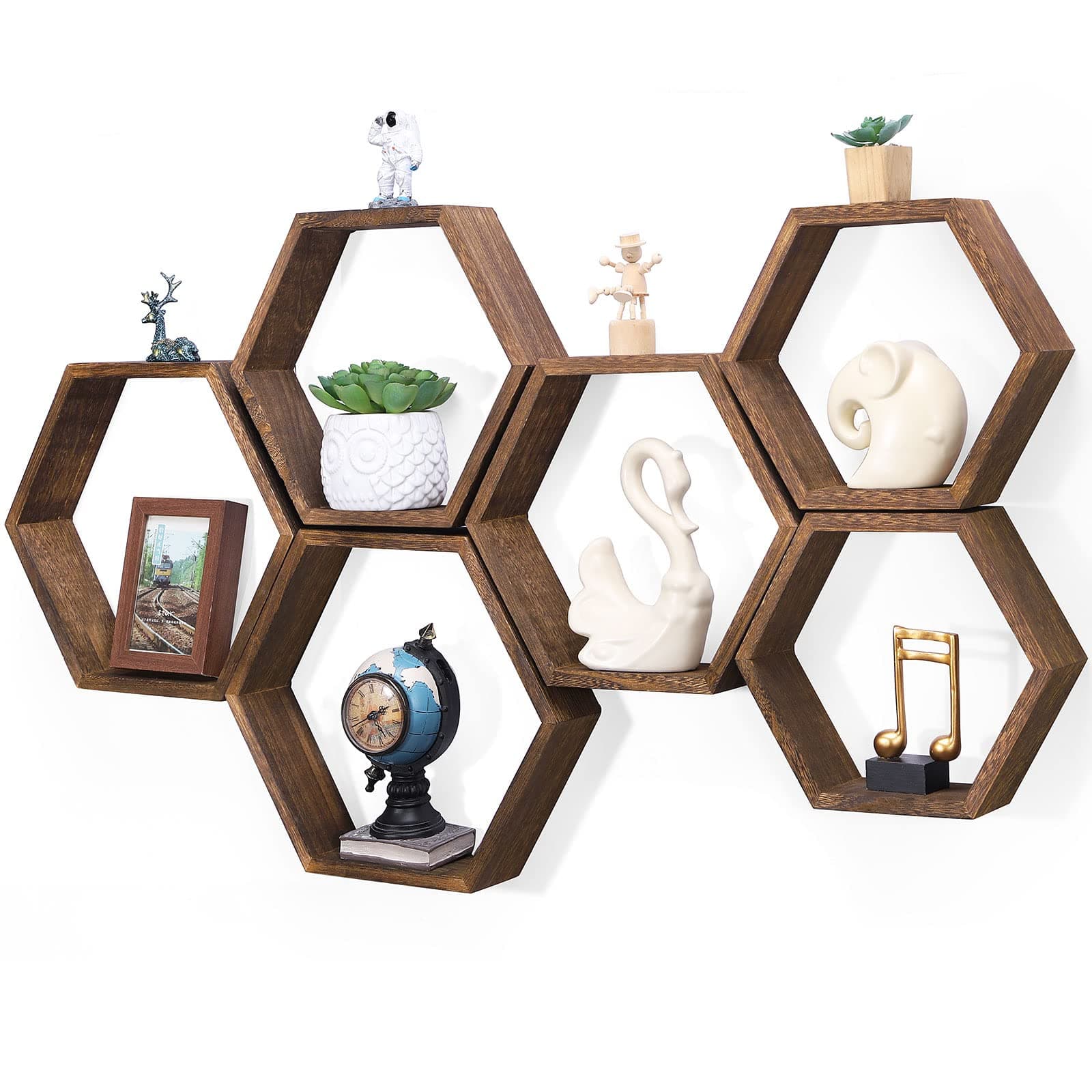 NOVIMANGO Hexagon Floating Shelves Set of 6 Honeycomb Shelves for Wall Wood Farmhouse Storage Home Decor Shelf Wall Mounted Wooden Hexagonal Shelves for Bedroom Living Room Nursery, Rustic Brown