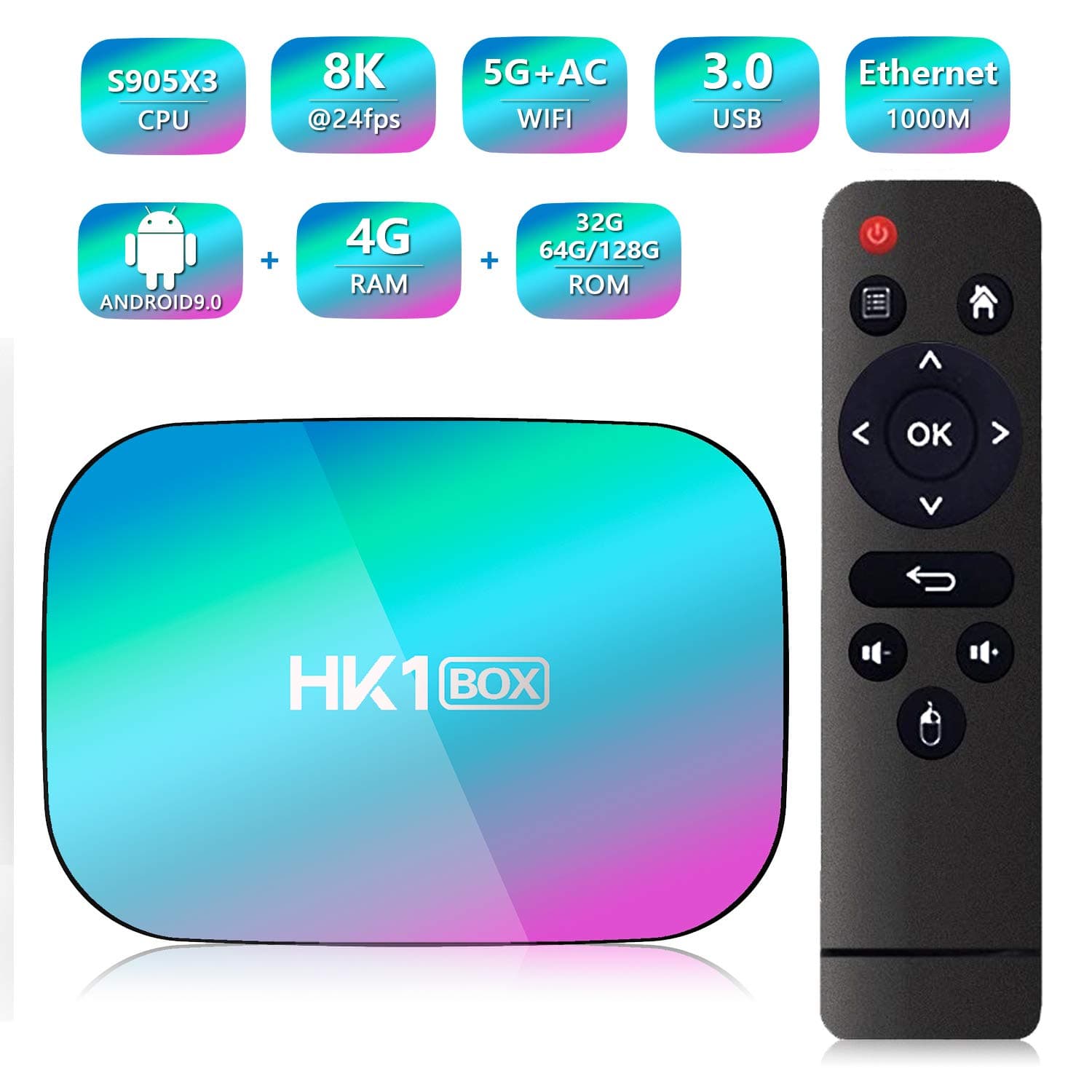 HK1 BOX Android 9.0 Smart TV Box Amlogic S905X3 CPU 4GB RAM 128GB 2.4G+5G Wifi 1000M BT4.0 8K Smart Media Player for Netflix Youtube