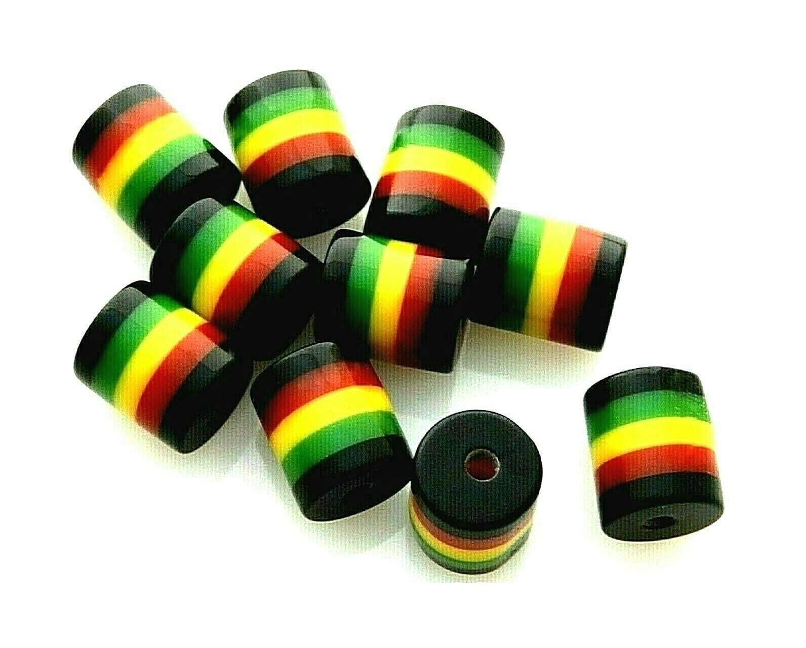 100 Rasta Jamaica Black Red Green Yellow Striped 9x8mm Round Tube Resin Beads
