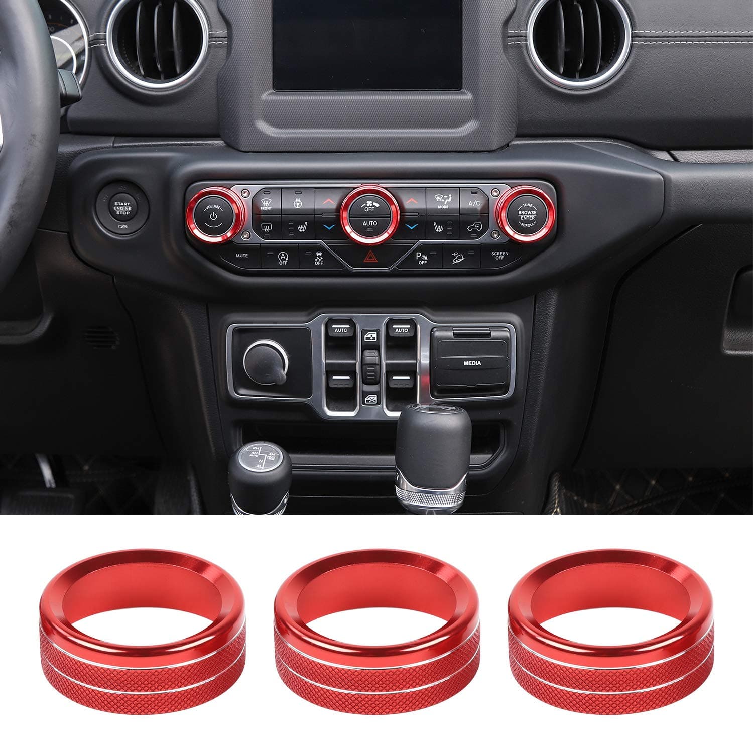 JeCar Air Conditioner Switch Knob Cover Aluminum Alloy Trim Cover Compatible with 2018-2023 Jeep Wrangler JL JLU & 2020-2023 Gladiators JT with Specific Dial Panel, Red