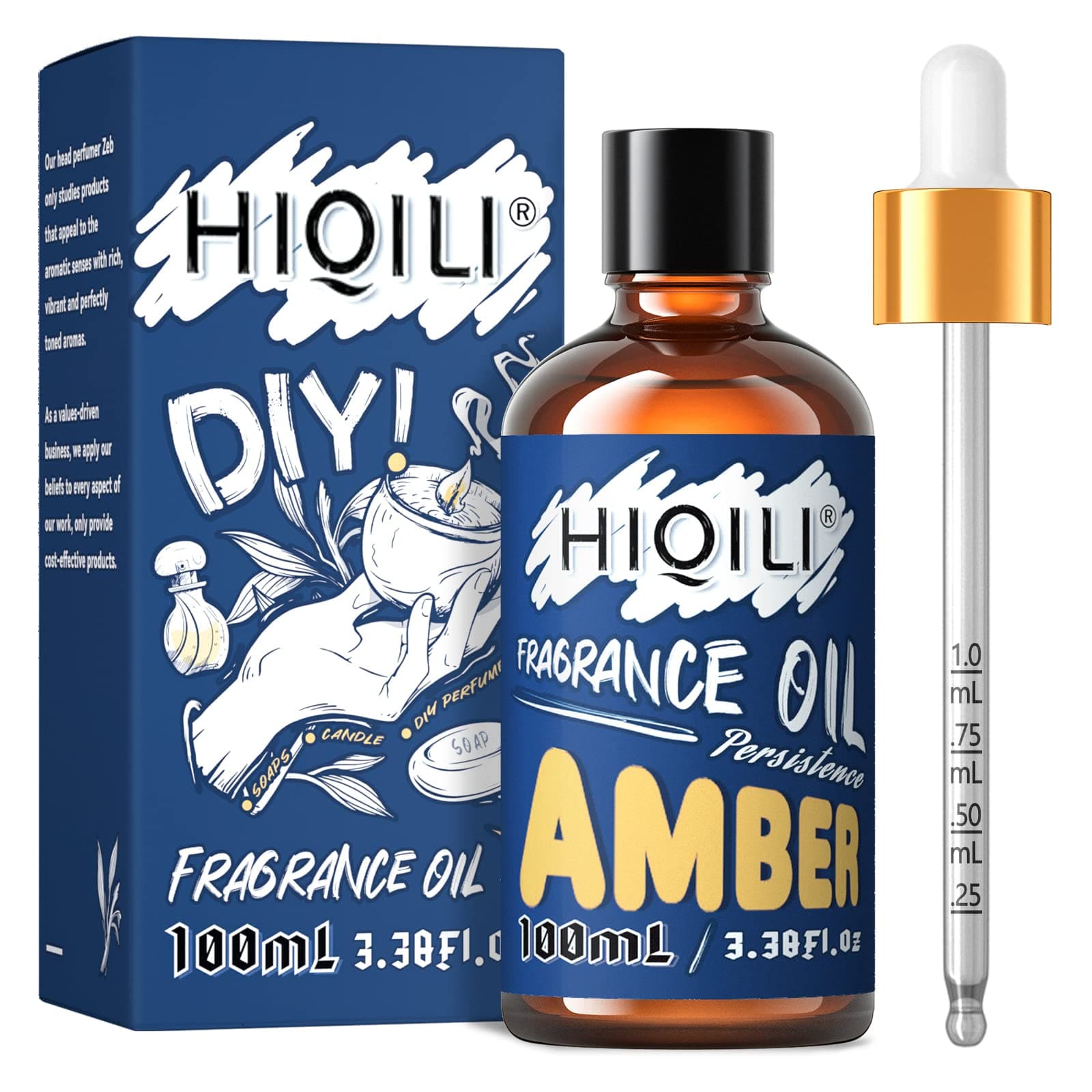 HIQILI Amber Essential Oil - Premium Fragrance Oil for Diffuser, Candle Soap Perfume Lotion Making, 3.38 Fl Oz