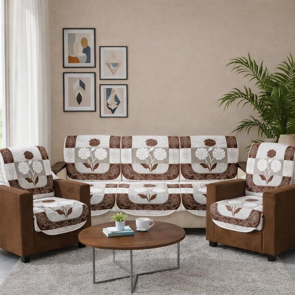 STITCHNEST 10 Piece Cotton Net Sofa Cover | Washable Protective Covers | Floral Design | Brown