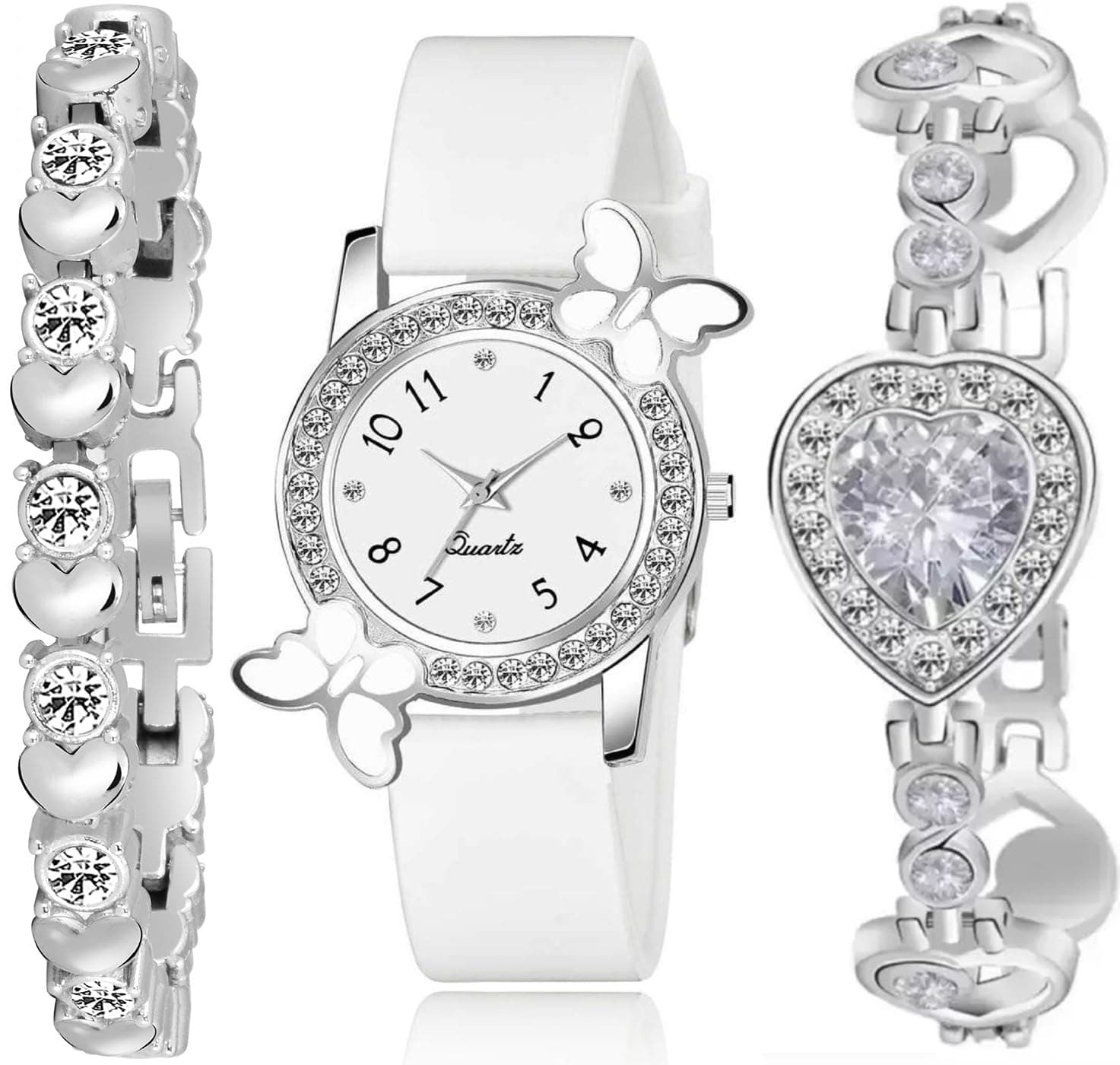 Premium White Dial Diamond Pink Analog Watch Love Heart Diamond Bracelet for Girls Best Design Butterfly Combo 3 Pack of 3