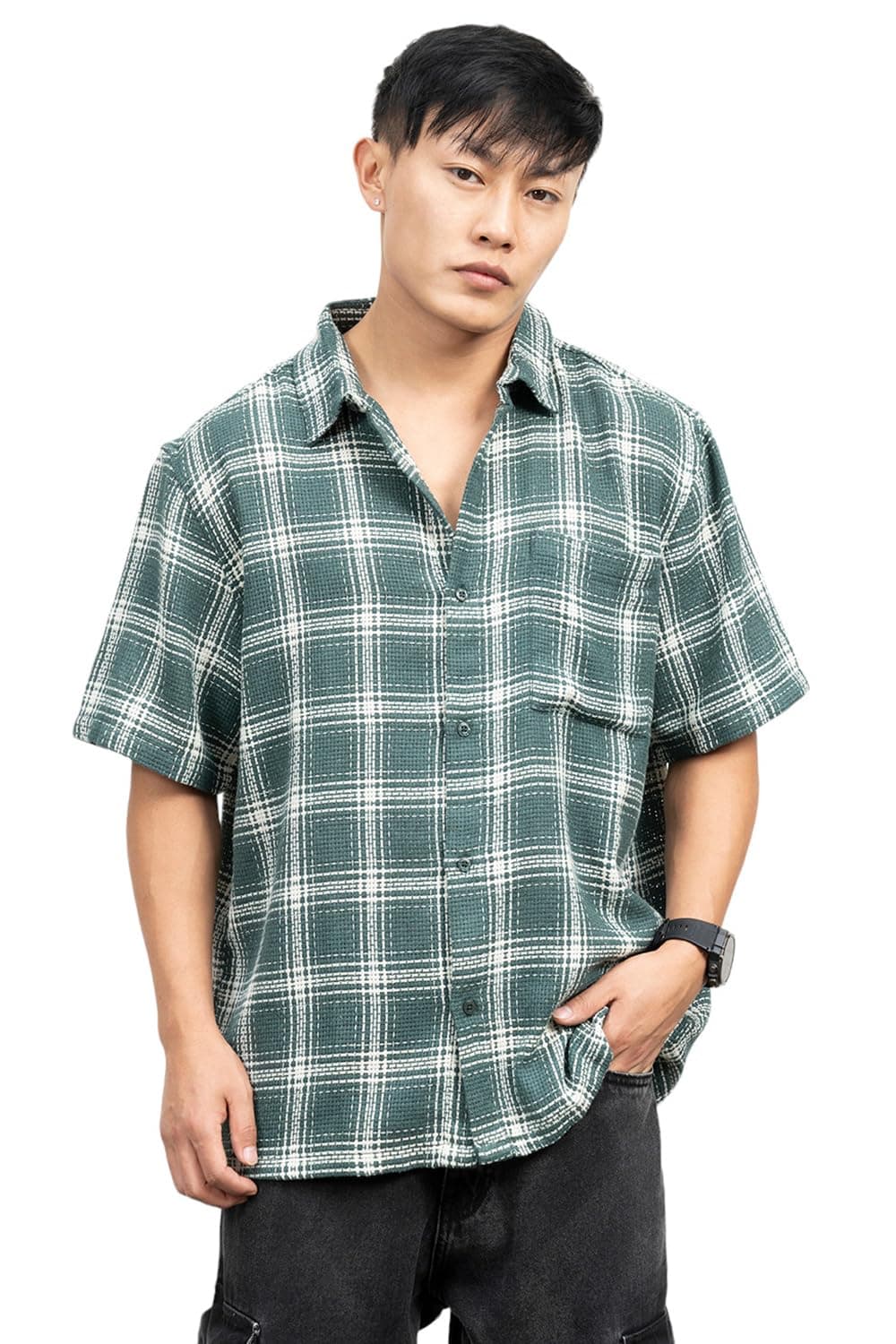 HubberholmeMen Check Cotton Oversized Fit Collar Short Sleeve Shirts 2