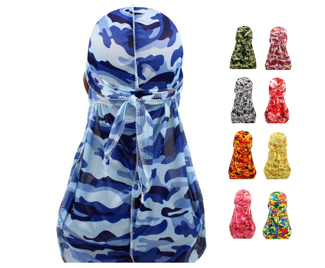 Sejardin Colorful Military Camouflage Waves Long Tail Caps Bandana Turban Silky Durag Headwraps for Men and Women
