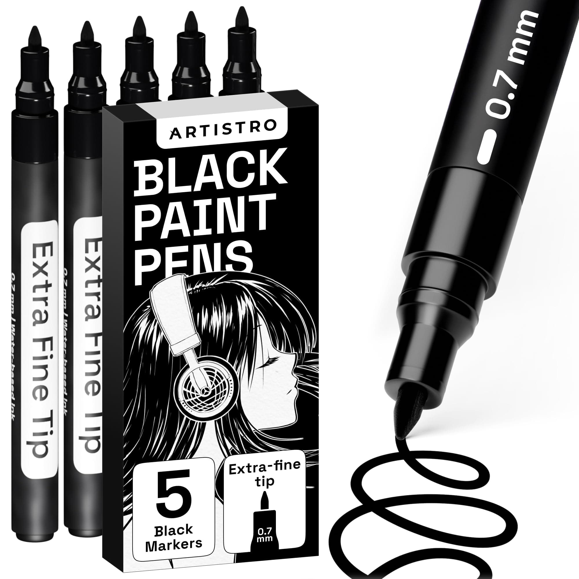 ARTISTRO Extra Fine Point Tip Black Paint Pens for Rock Painting, Stone, Ceramic, Glass -Set of 5