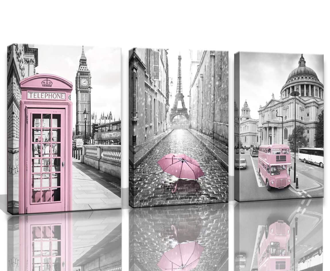 Eiffel Tower Decor for Bedroom for Girls Paris Decor Pink Paris Theme Room Decor Wall Art Canvas Black and White Art Eiffel Tower Picture Decorations London Big Ben Tower Eiffel Tower Painting Framed